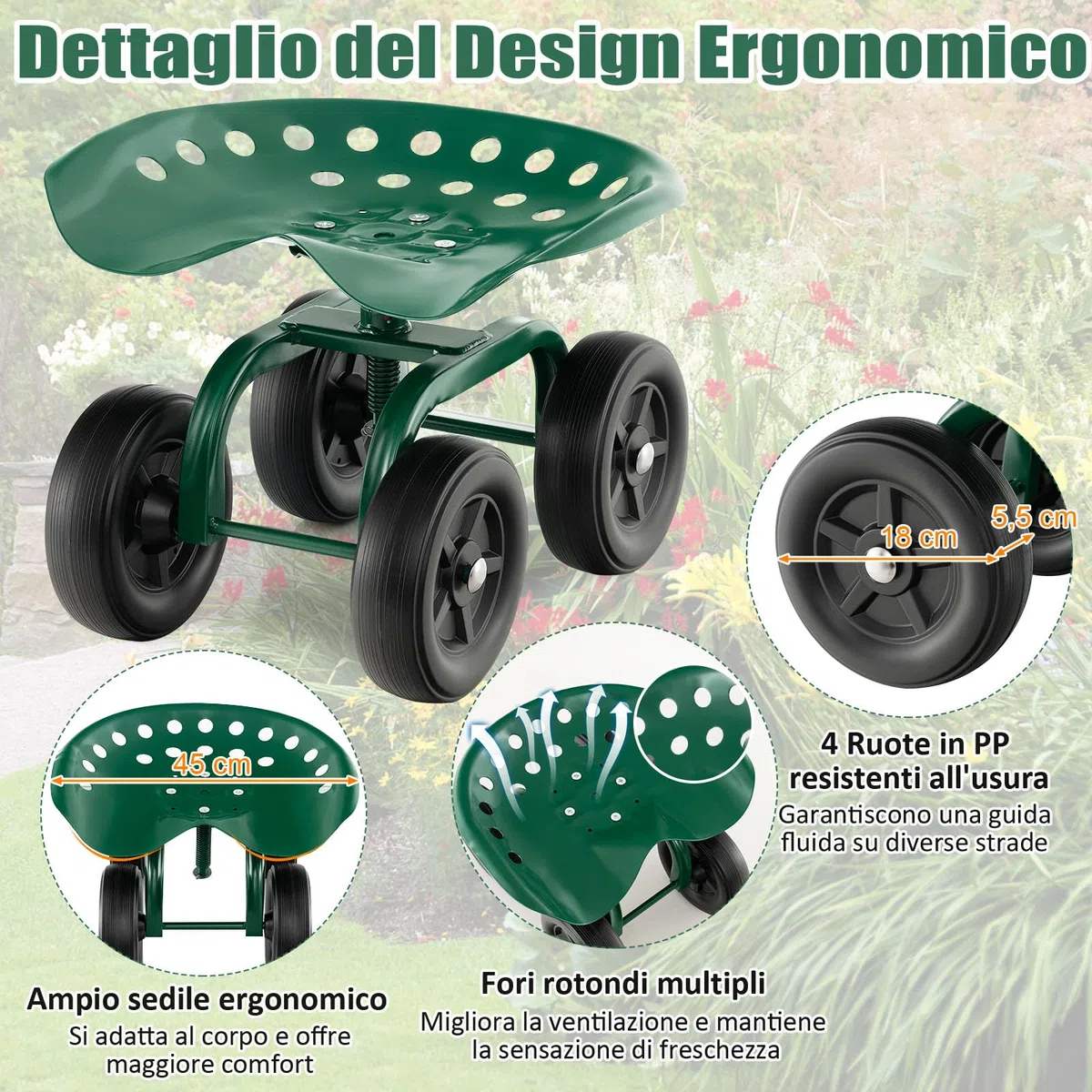 GYMAX Sgabello da Giardino con Ruote, Sedile da Lavoro Regolabile in Altezza per Giardinaggio