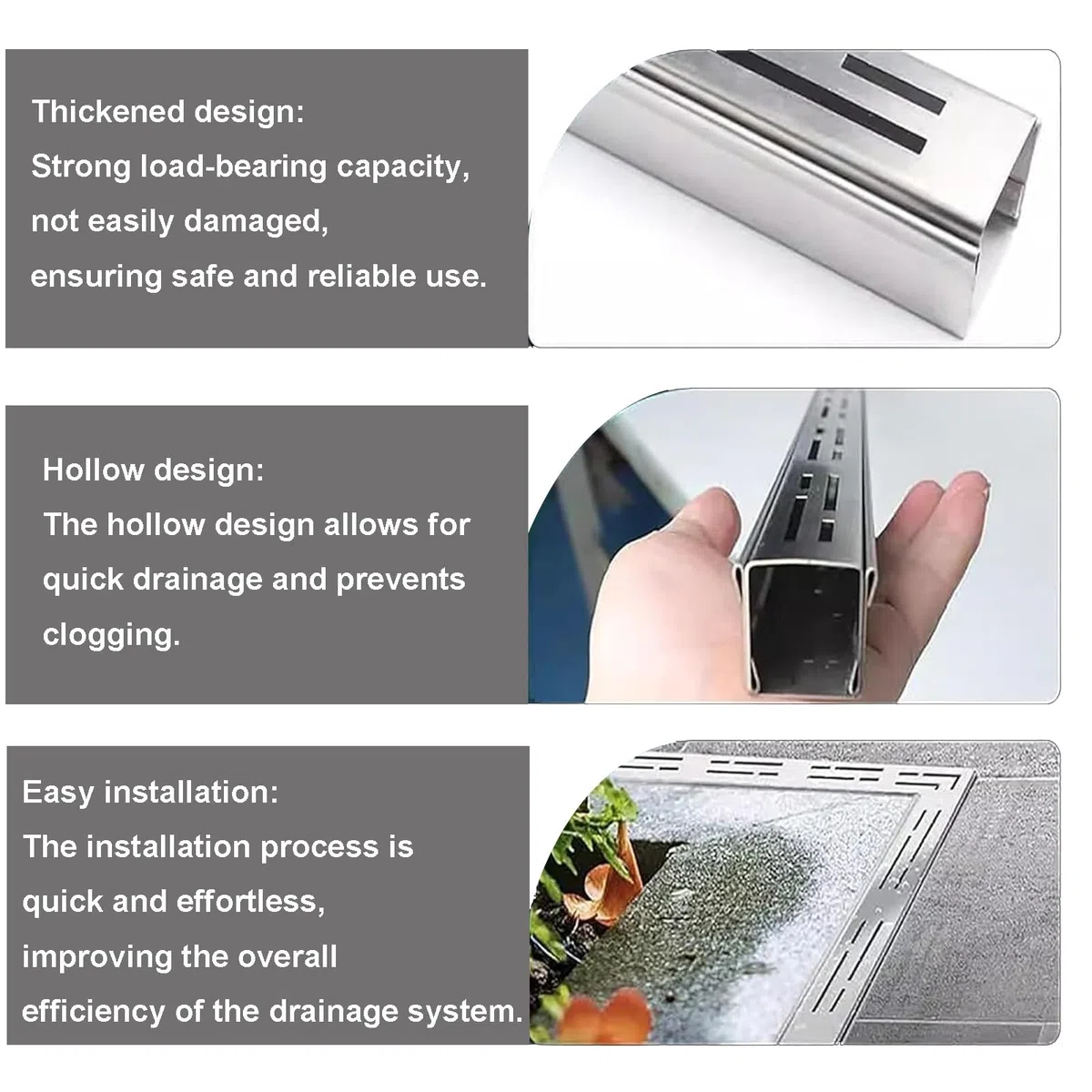 Canaletta scolo acqua piovana robusto，scarico in acciaio inox a canale stretto，canale di drenaggio stretto in acciaio inox 304，Filtri Lineari per Grondaie Giardino Terrazza(H3*W10CM/H1.18*W3.94IN)