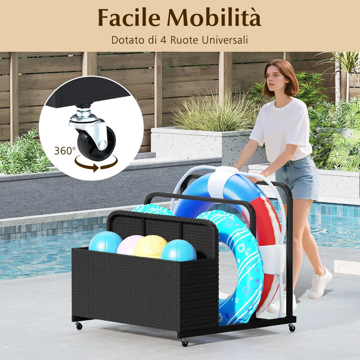 COSTWAY Carrello Archiviazione per Piscina in Rattan PE, Contenitore Esterno Impermeabile con 2 Portasciugamani e 4 Ruote, Portacoperte Giardino per Boe, Salvagenti, Cuscini e Asciugamani (Nero)