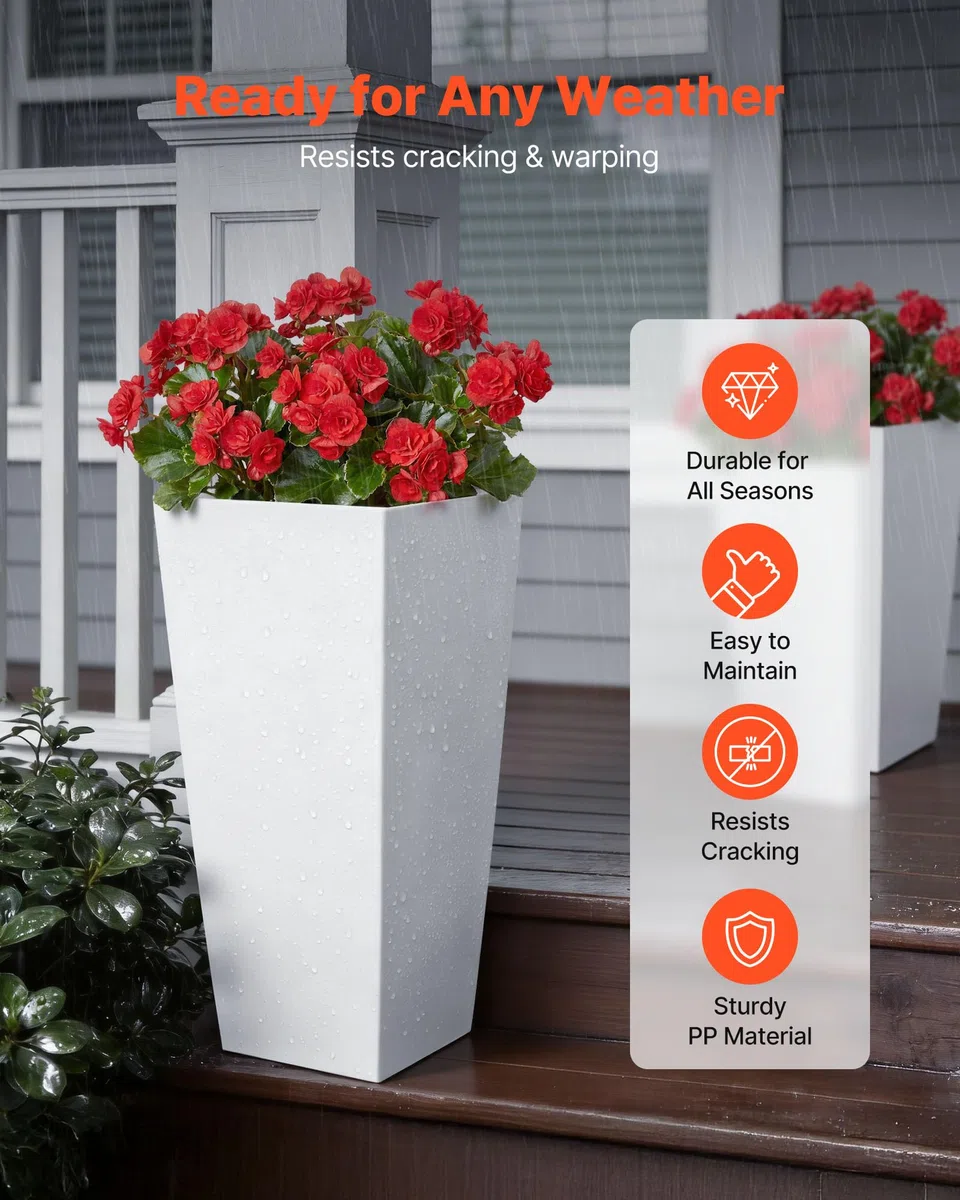 VEVOR Set di 2 Vasi da Fiori Alti 665 mm, Fioriere Decorative per Piante Grandi, Vasi da Terra in Stile Moderno di Plastica PP per Portico con Rotelle e Fori di Drenaggio, per Patio Giardino Bianco