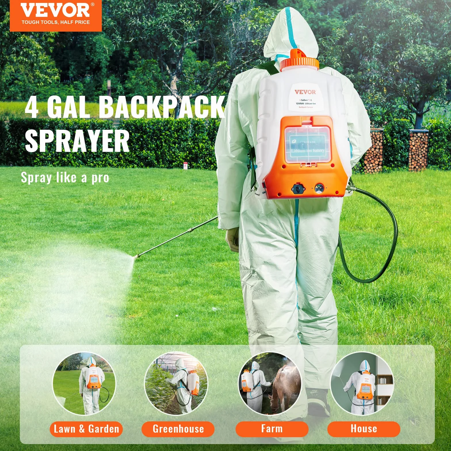VEVOR Nebulizzatore Giardino 15L a Batteria da Spalla Serbatoio Ugelli Sostituibili 8 Pezzi con Bacchette per Irrigazione Prato Orto Serra Piante, Irroratrice Spruzzatrice a Zaino a Pressione 6,2bar