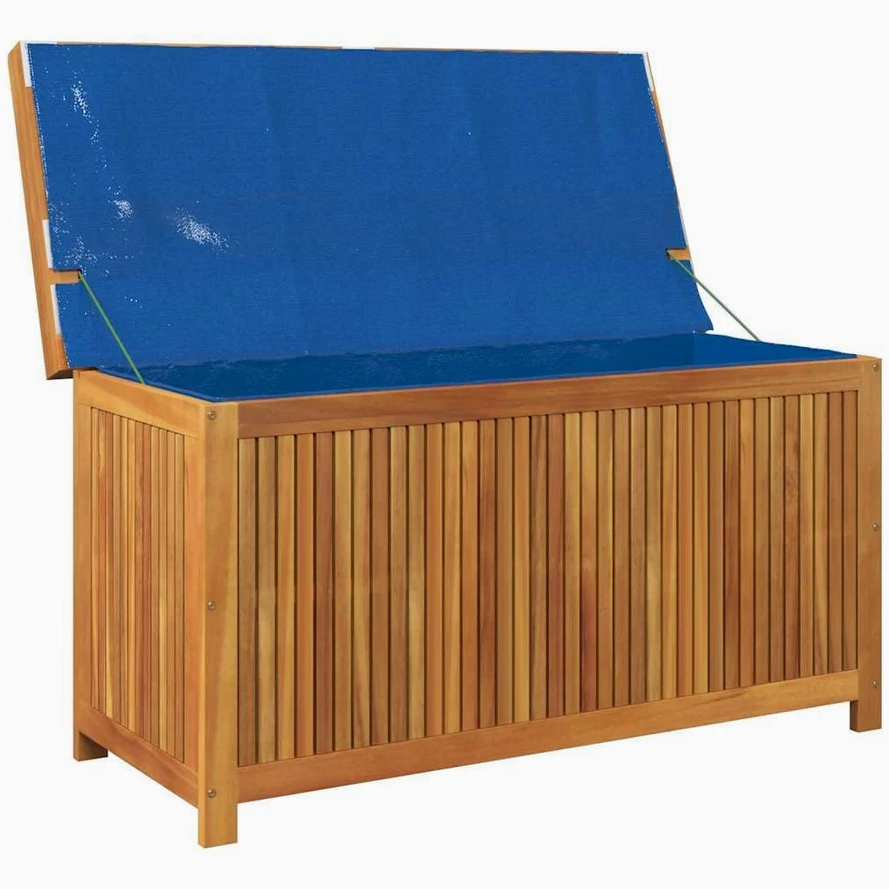 Scatola per cuscini esterni in acacia massiccia, 113 x 50 x 60,5 cm | Stoccaggio da giardino, borsa impermeabile integrata, doghe aperte, coperchio antipolvere