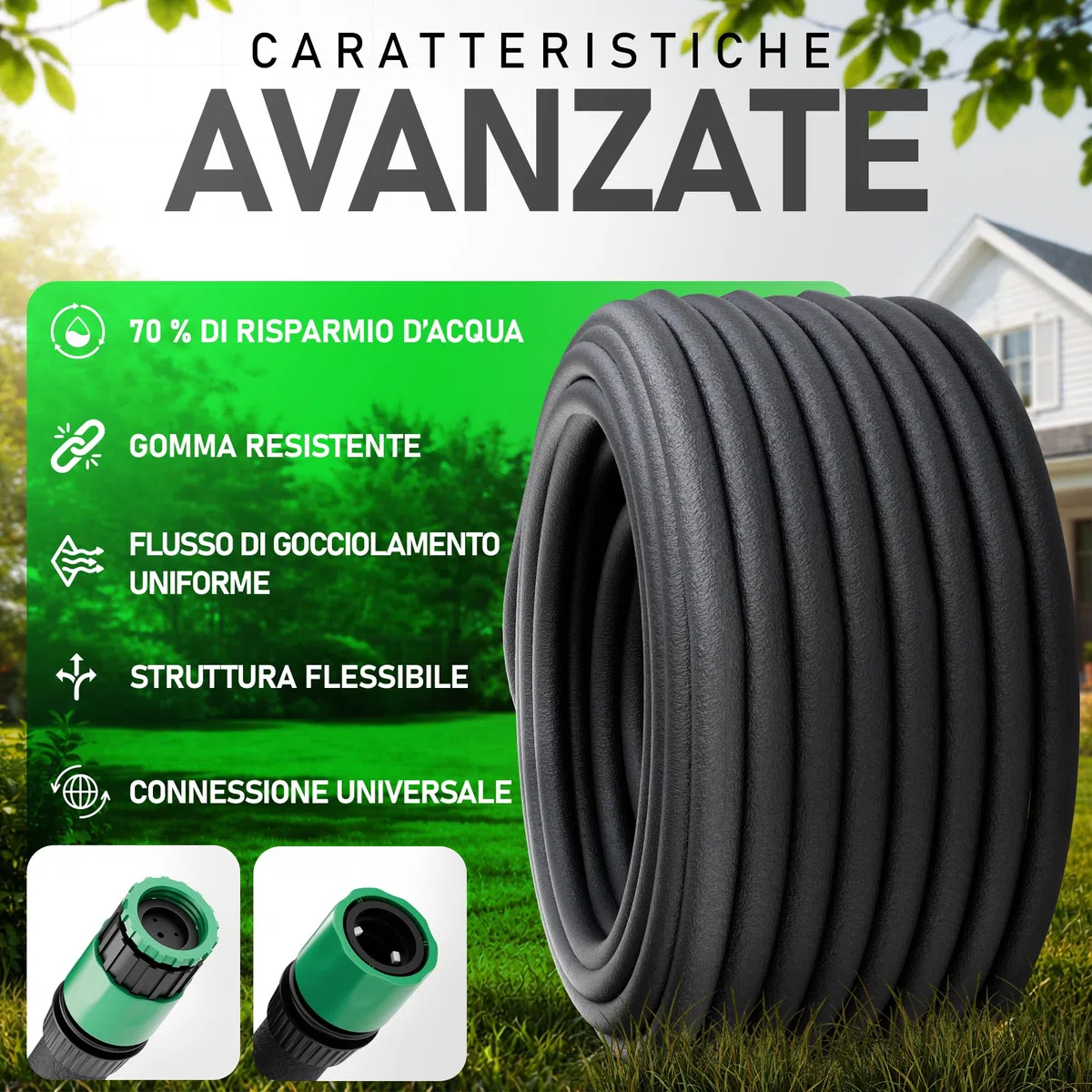 Tubo Poroso per Irrigazione 50 m | Irrigazione a Goccia Uniforme con Risparmio d’Acqua | Ideale per Giardino, Orto e Siepi | Kit di Connettori Incluso (5000, Centimetri)