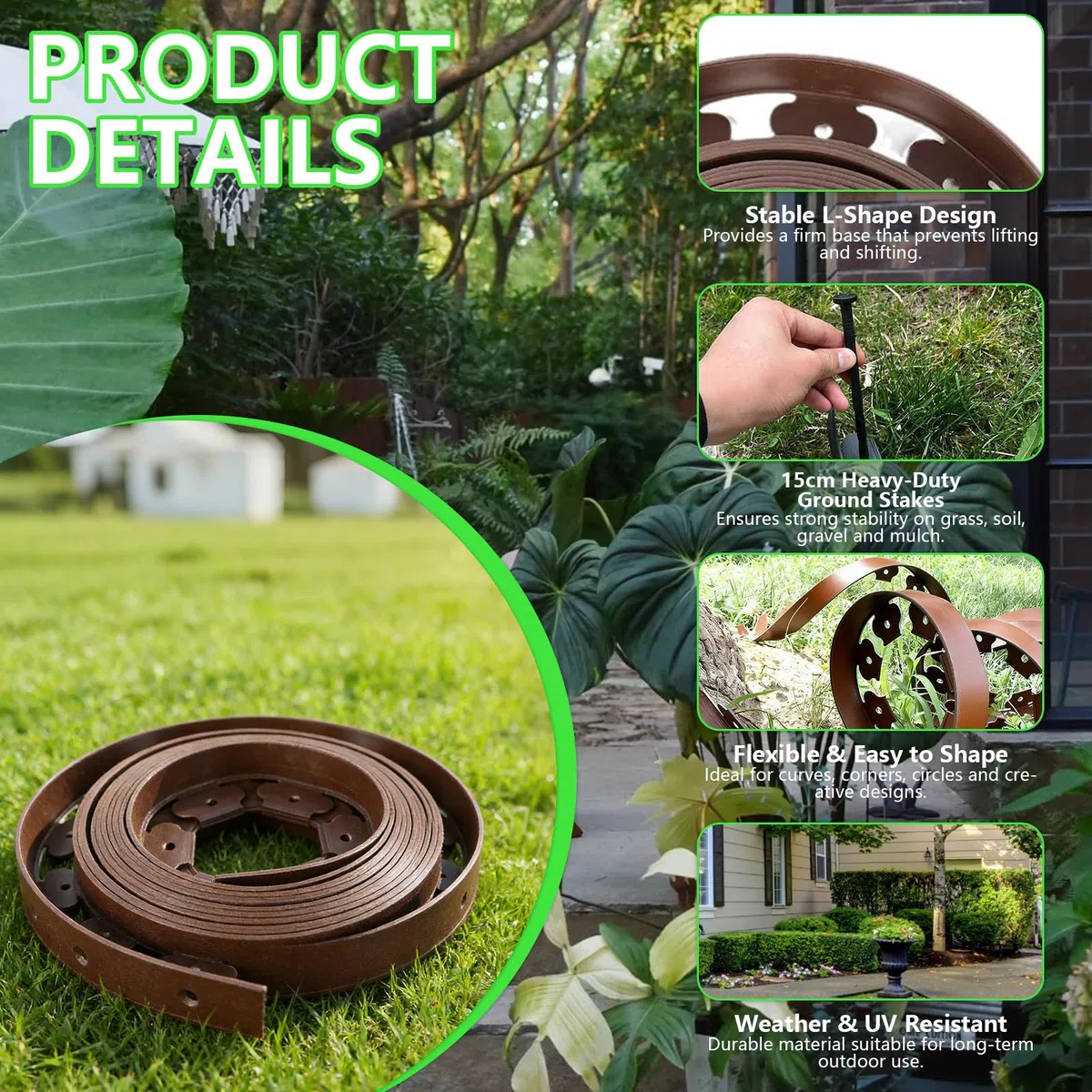 Bordo per Aiuole da Giardino 10 m con 60 Picchetti – Bordura per Prato in Plastica Flessibile, Altezza 5 cm – Separatore per Aiuole e Vialetti, Marrone