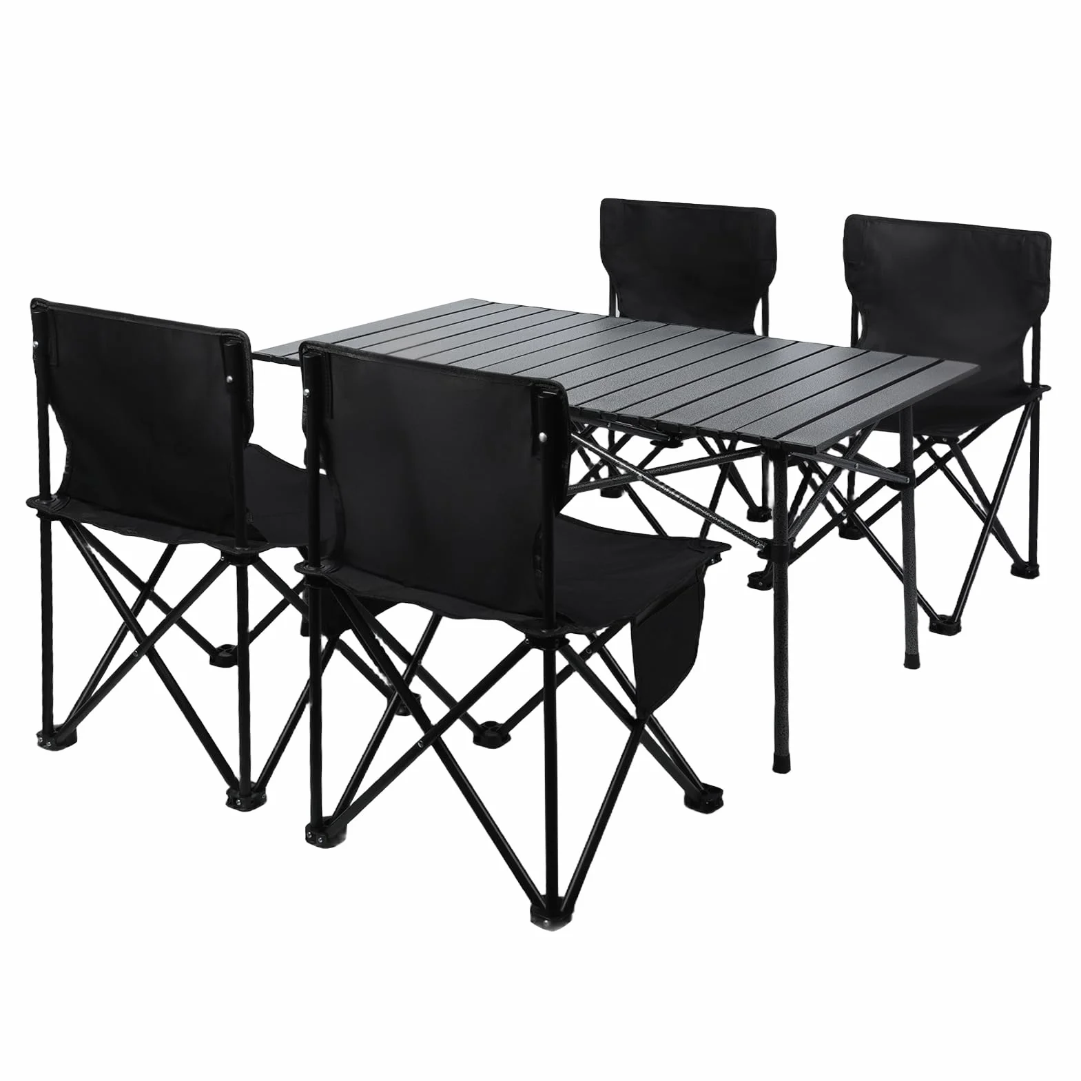 Set di tavolo e sedie da campeggio, tavolo e sedie da picnic pieghevoli, in metallo, portatili, 4 sedie, con grande organizer e borsa per il trasporto, per picnic, campeggio, barbecue, nero