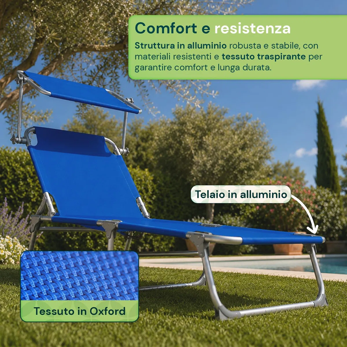 Avilia - Lettino Prendisole Pieghevole con Parasole 360° – Alluminio, Tessuto Oxford, 100 kg | Lettino Prendisole Reclinabile 0-60°, Traspirante, L54×P185×A24 cm – Chiuso L54×P17×A70 cm