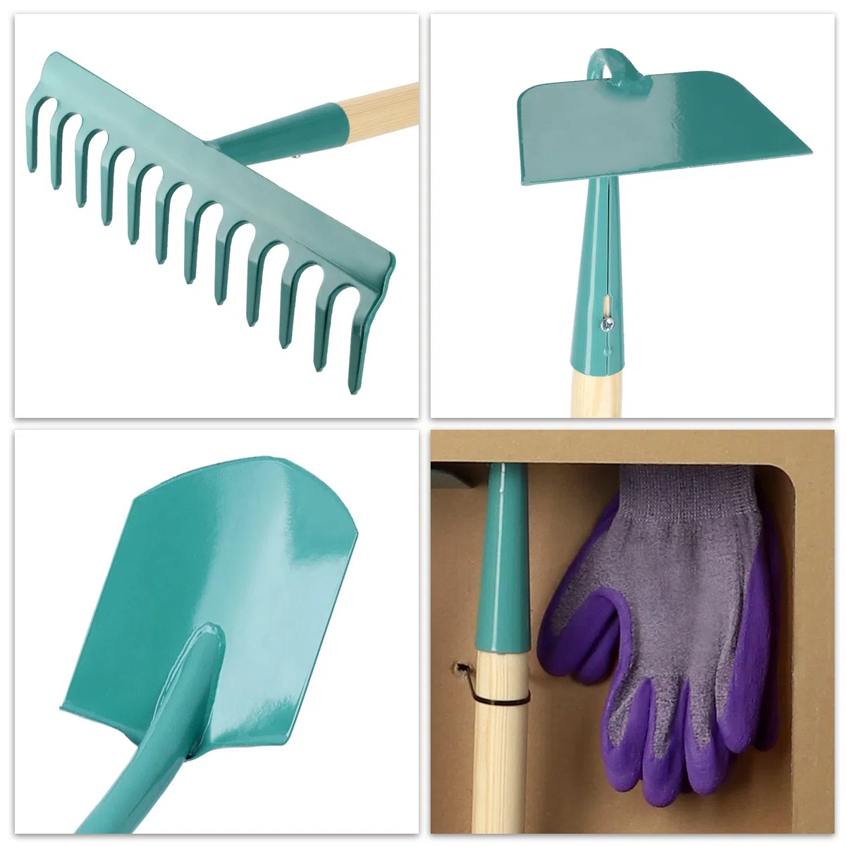 KADAX Set di 4 Set di Attrezzi da Giardinaggio, Include Vanga a Punta, Rastrello a Denti Diritti, Zappa Quadra e Guanti Protettivi, Accessori per Il Giardino