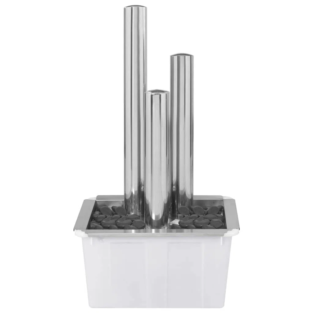 Mangloder Fontana da giardino argentata in acciaio inox, 48 x 34 x 88 cm, con illuminazione a LED, pompa e vasca da 50 l, gioco d'acqua con cascata, per giardino, terrazza, balcone, interni ed esterni