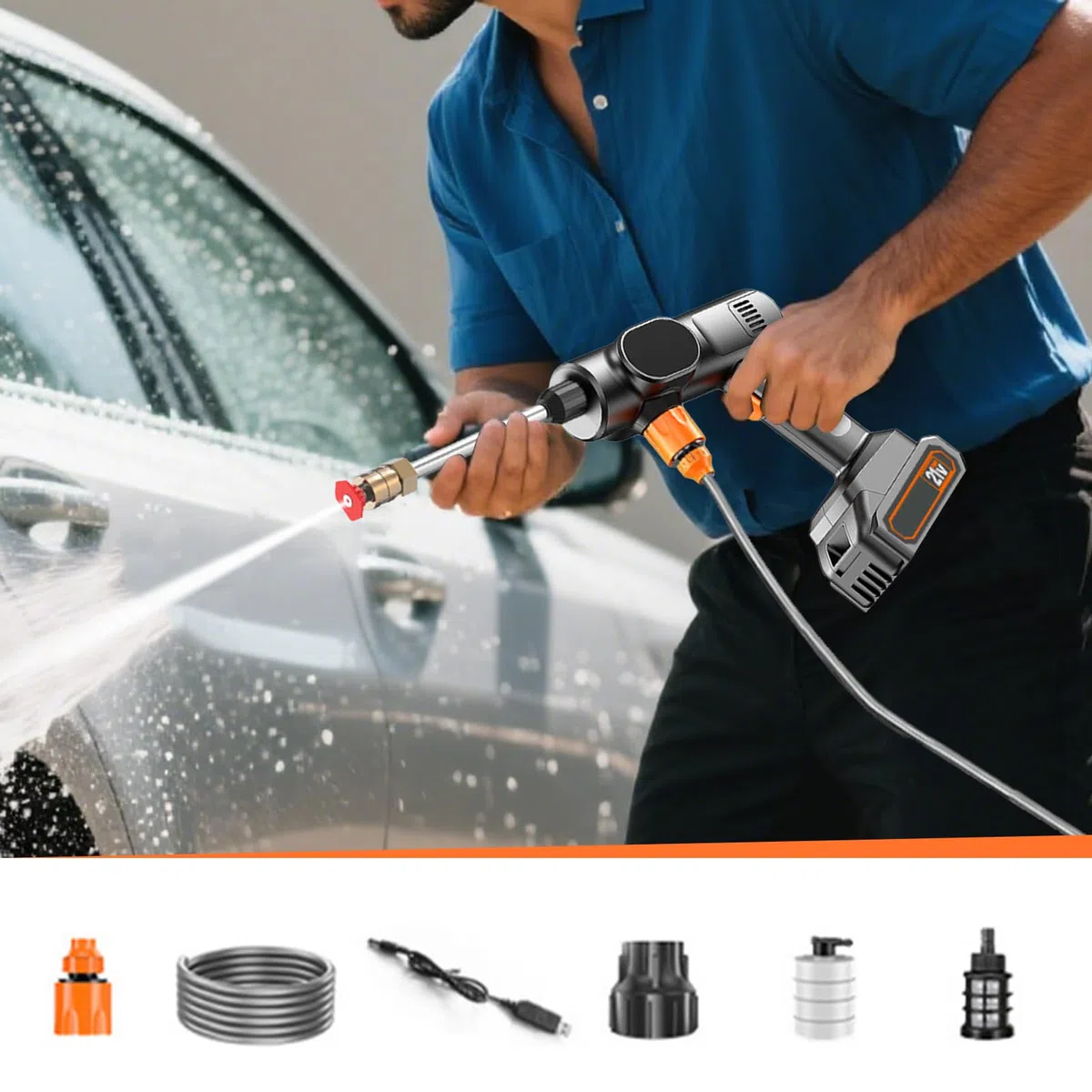 Carrello pulitore a pressione – Spray ad acqua ad alta pressione, bruciatore a 21 V – Lavatrice portatile | Ugello per automobili, casa, pulizia vialetti, lavaggio auto portatile, attrezzatura