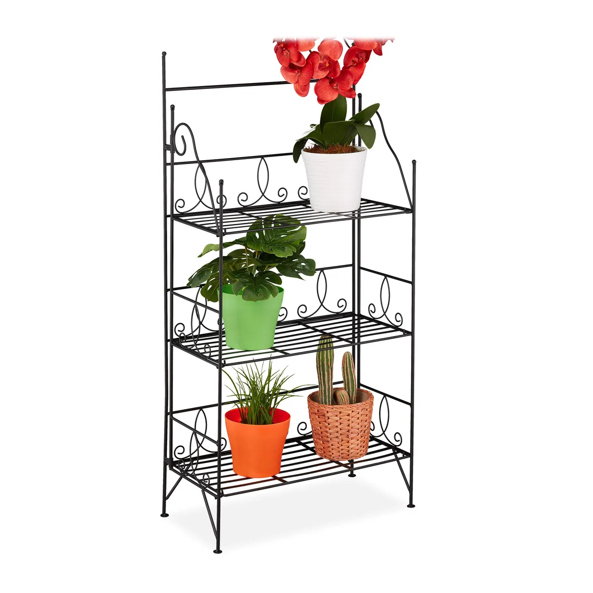 Relaxdays Scaffale Porta Piante, 3 Ripiani, per Interni ed Esterni, Metallo, Fioriera Vintage, HxLxP: 100x50x25 cm, Nero