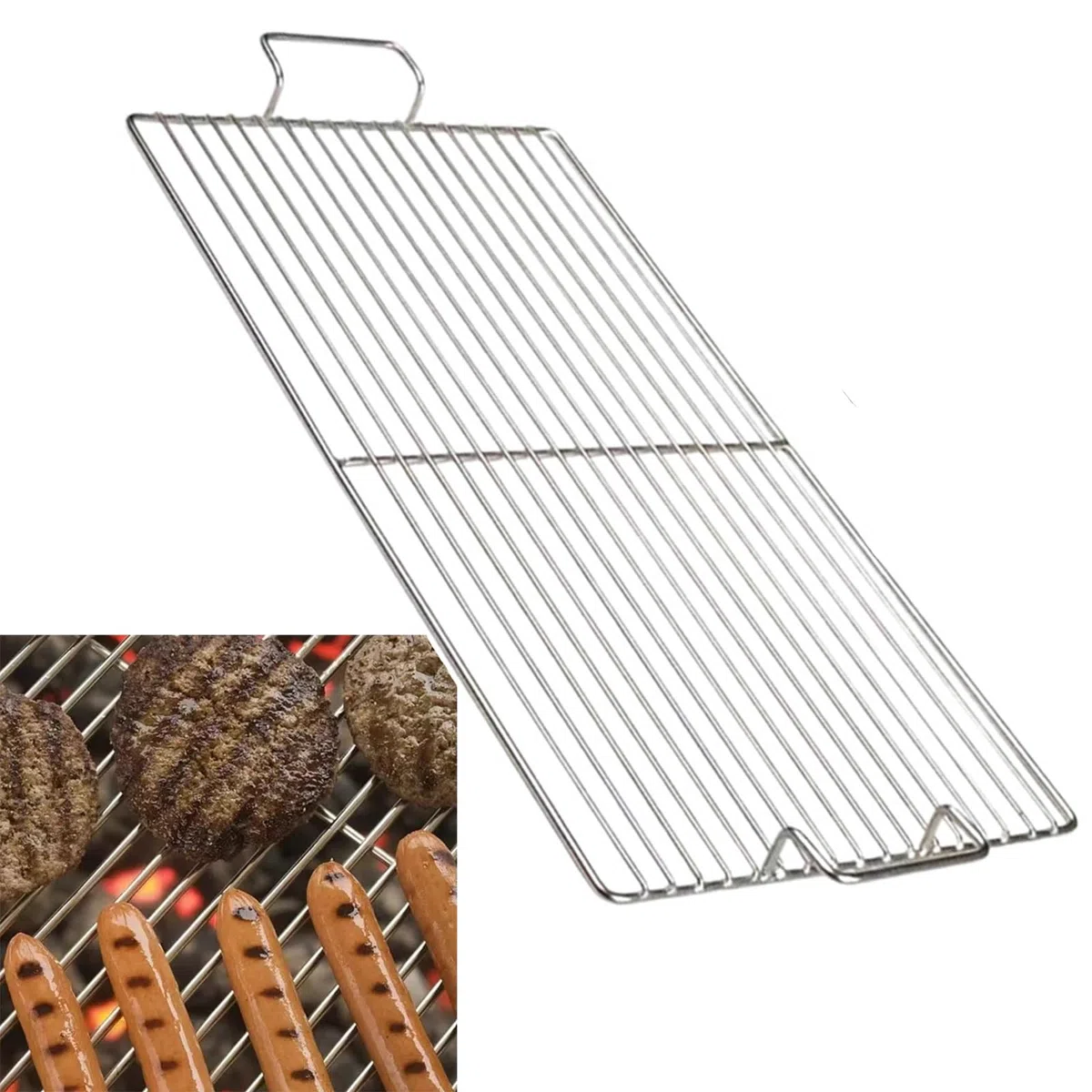 Griglia per barbecue in acciaio inox 304 con manico, griglia rettangolare per cucinare all'aperto, ideale per grigliare carne e verdure, design resistente