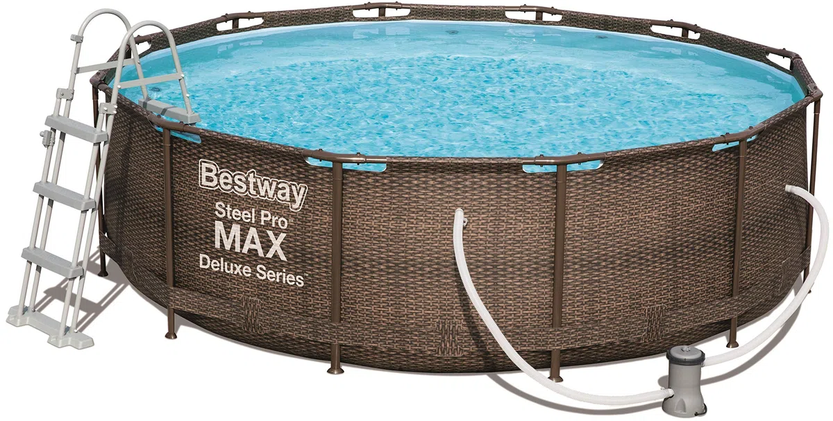 Bestway Power Steel Deluxe 366 x 100 cm, piscina rotonda con robusto telaio in acciaio, set completo, rattan