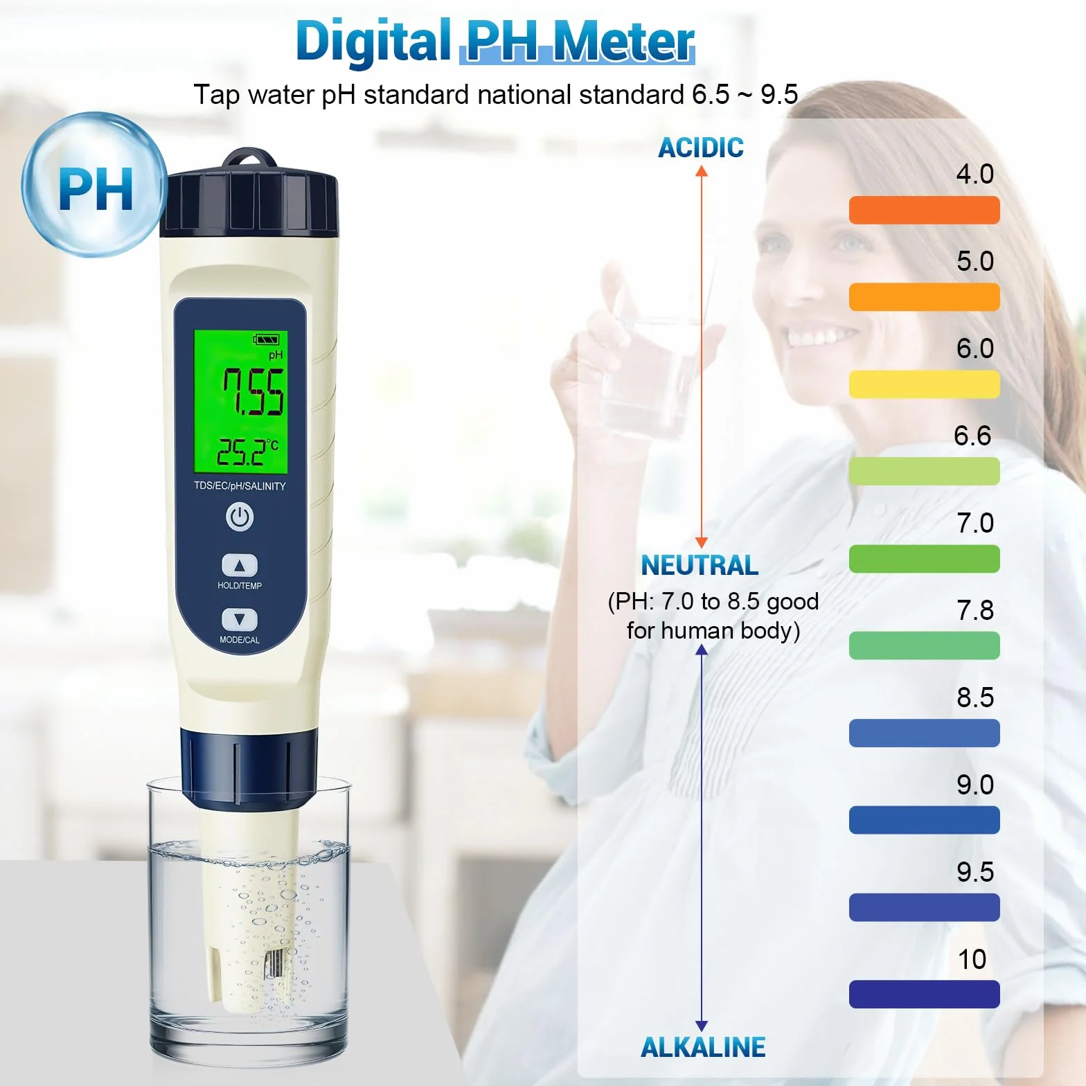 Tester digitale di qualità dell'acqua 5 in 1, PH/TDS/EC/Salinità/Termometro, Schermo LCD con compensazione automatica della temperatura, Tester dell'acqua per acqua potabile, acquario, piscina