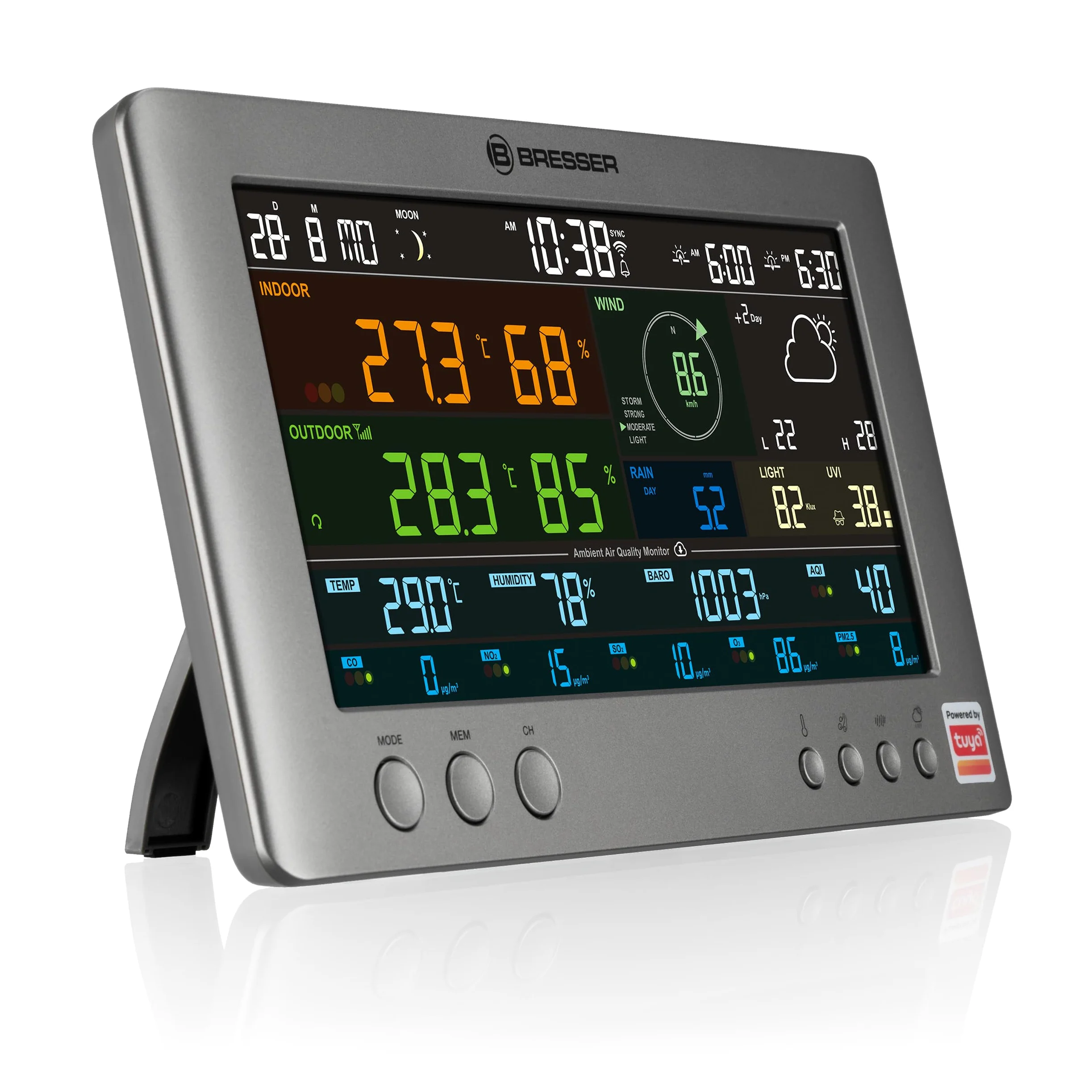 Bresser Tuya Stazione meteo professionale Wifi con sensore 7 in 1 | Temperatura interna ed esterna, umidità, pluviometro, anemometro, previsioni 6 giorni, app Tuya, qualità aria