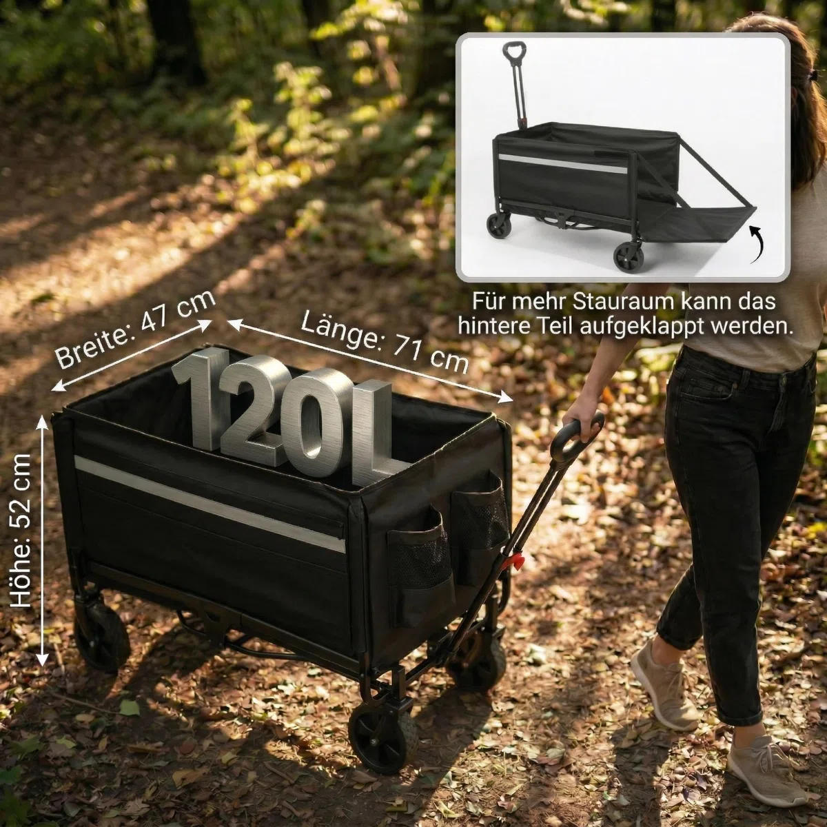 Albatros Carrello pieghevole da 120 l con apribottiglie e portabevande – Carrello pieghevole con strisce riflettenti, apertura della parete posteriore e copertura – Carrello per il trasporto