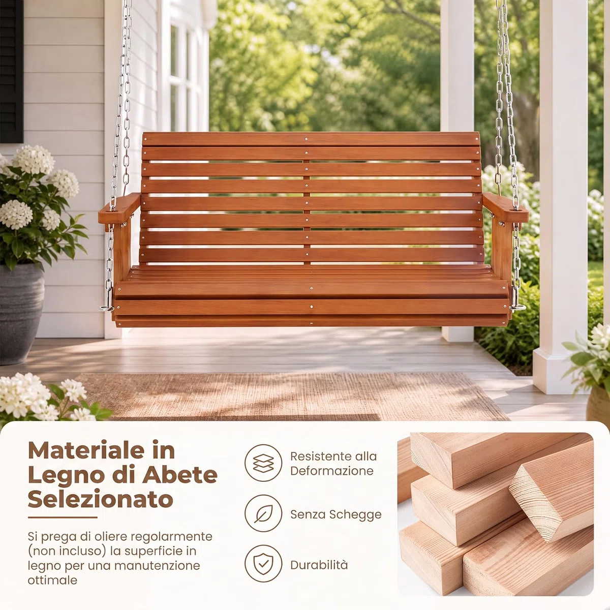 COSTWAY Altalena da Giardino a 2 Posti, Panca Sospesa in Legno | con Altezza Regolabile, Schienale Ergonomico e Sedile a Doghe, Panchina da Appendere per Giardino e Cortile, Portata 300 kg