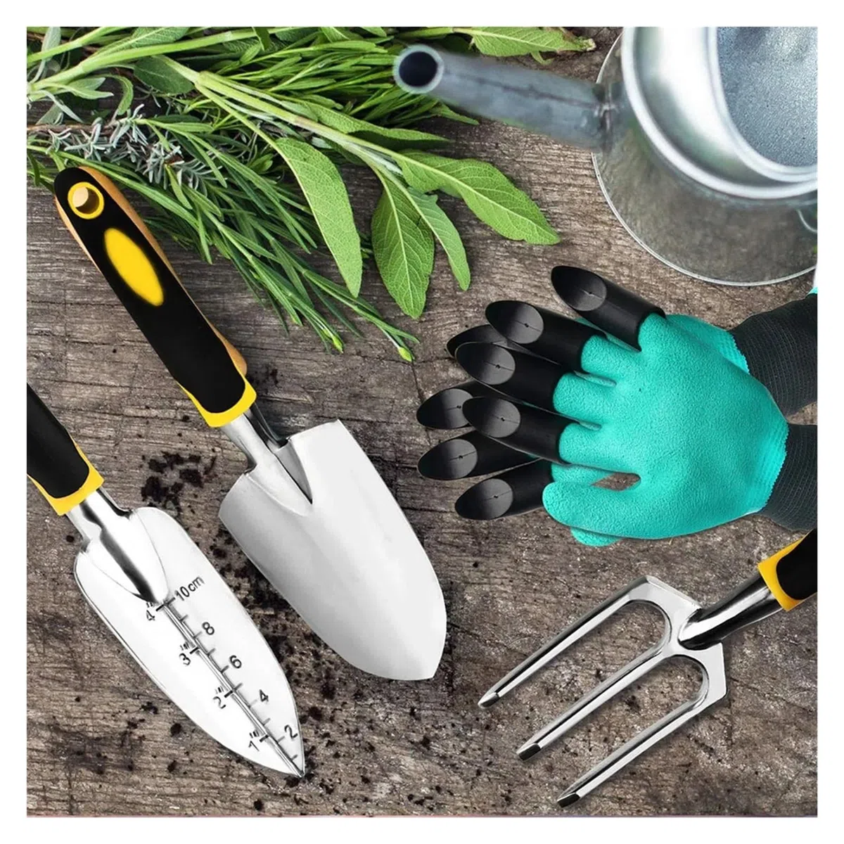 Generico Set di Attrezzi da Giardino, Confezione 4, con cazzuola, rastrello a Mano for coltivatore, trapianto, Guanti Giardinaggio for diserbo, allentamento del Terreno