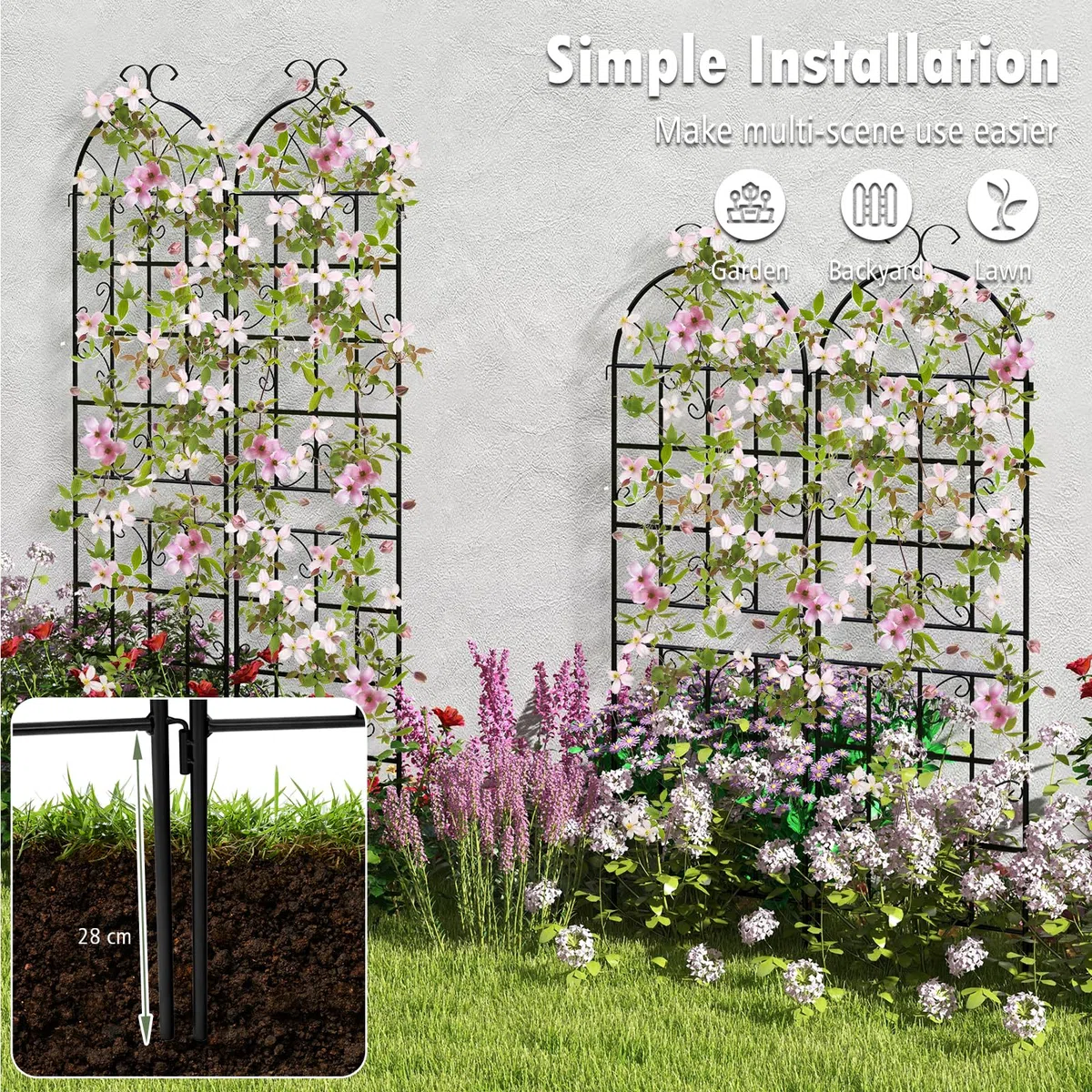 HOMASIS Traliccio per Rampicanti di 2 Pezzi, Pannelli Decorativi per Recinzione da Giardino in Metallo, Graticcio per Piante Rampicanti, Grigliato Divisorio Decorativo, 50x180 cm, Nero