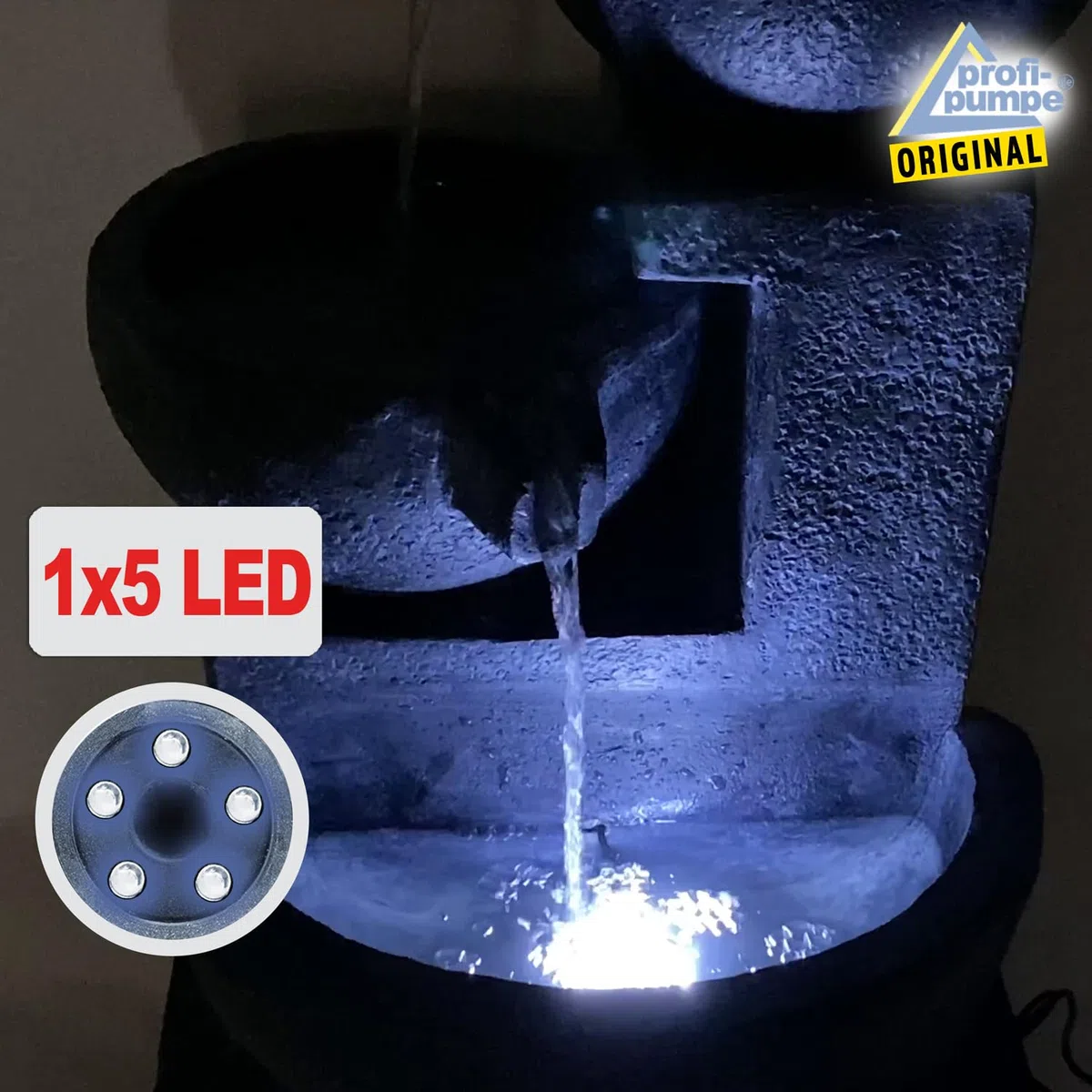 Fontana solare da giardino, fontana solare con luce LED, fontana decorativa, cascata, luce da giardino, pompa per laghetto per terrazza con pompe (fontana solare GRANITSCHALEN-Kaskade-3 con luce LED)