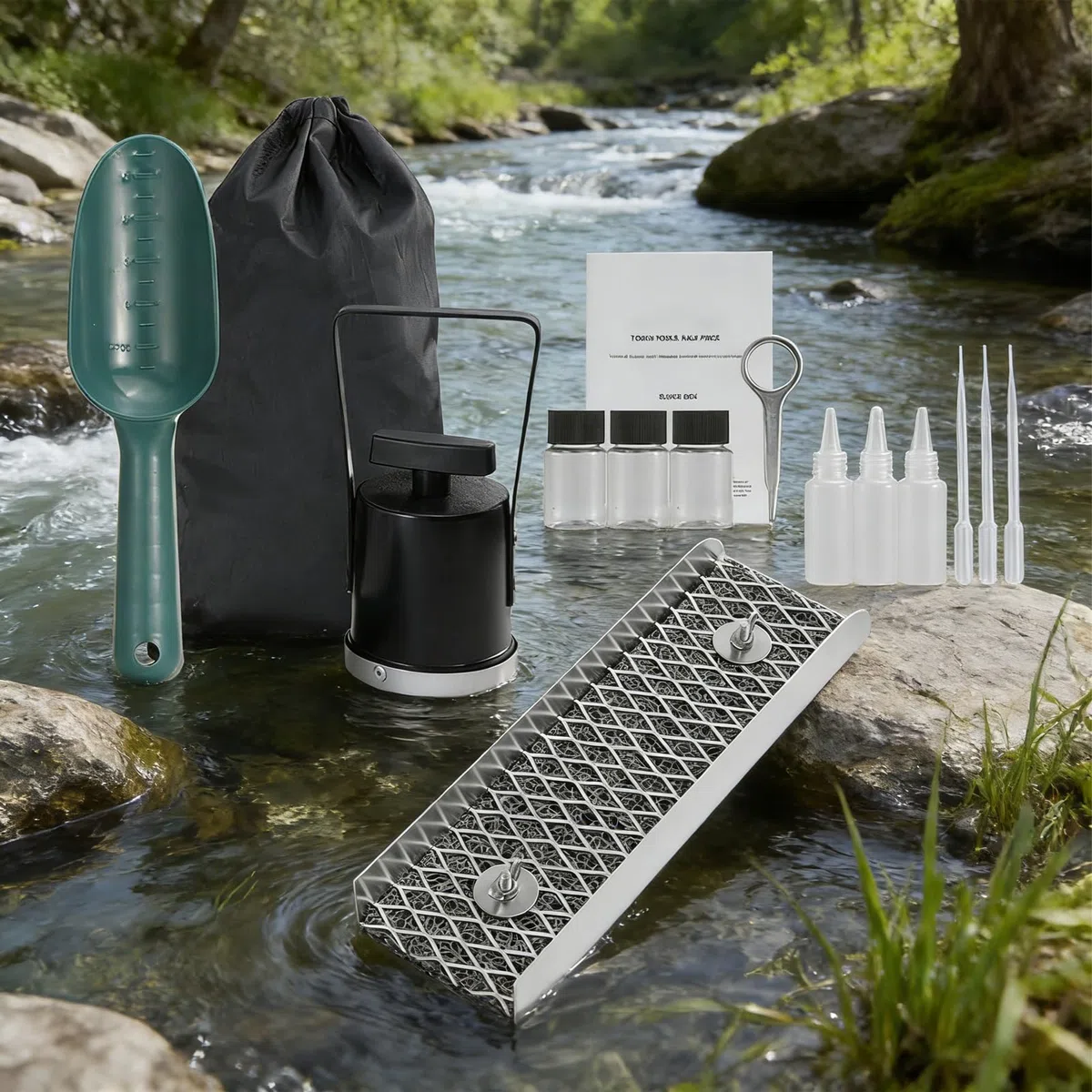 Attrezzatura mineraria d'oro, Kit portatile Sluice Box, Strumento minerario all'aperto con raccolta fiala, Attrezzatura mineraria in metallo resistente, Stile di esplorazione avventura, Flusso del