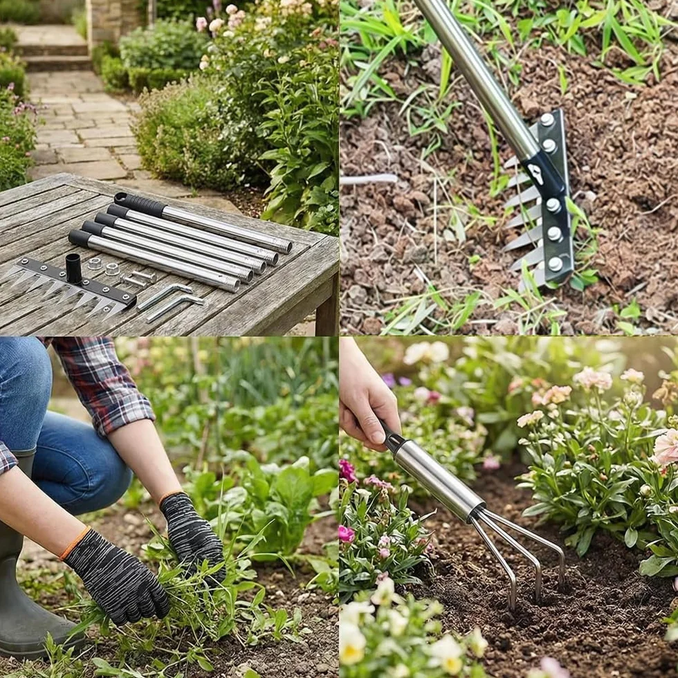 Trinciatore per erbacce con manico lungo 185 cm, utensile multiuso da giardino, rastrello per erbacce in acciaio inox con 8 denti, rastrello da giardino, zappa per erbacce
