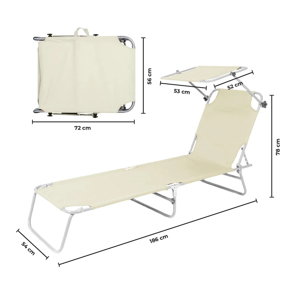 IlGruppone Coppia Lettini Prendisole Pieghevoli con Parasole Regolabile, Schienale Reclinabile in 4 Posizioni, Struttura in Acciaio Anti-Ruggine, Tessuto Impermeabile Anti-UV, Portata 110 kg - Ecru