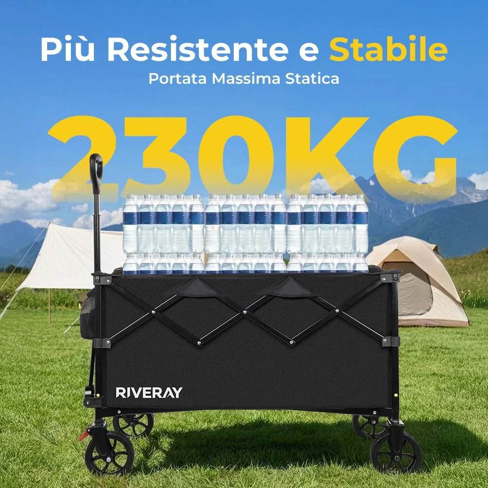 Carrello Pieghevole 300L, 230kg, Ruote Frenate | Maniglia a Rimbalzo, 2 Portabevande, per Spiaggia, Campeggio e Giardino
