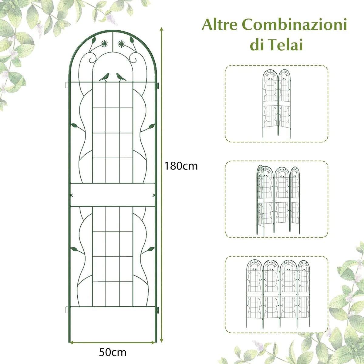 COSTWAY Traliccio da Giardino in Metallo 180 x 50 CM, 4 Pannello di Recinzione Antiruggine per Piante Rampicanti, Rose e Verdure, Decorazione Esterna per Giardino, Cortile, Patio (Verde)