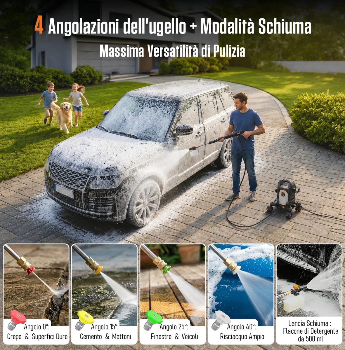 AIVOLT Idropulitrice ad Alta Pressione da 1800W, 170 Bar | con 5 Ugelli di Diversa Modalità, Tubo Flessibile da 7,6 Metri, Portata Massima 360 L/H, per Pavimenti, Finestre, Auto, ecc.