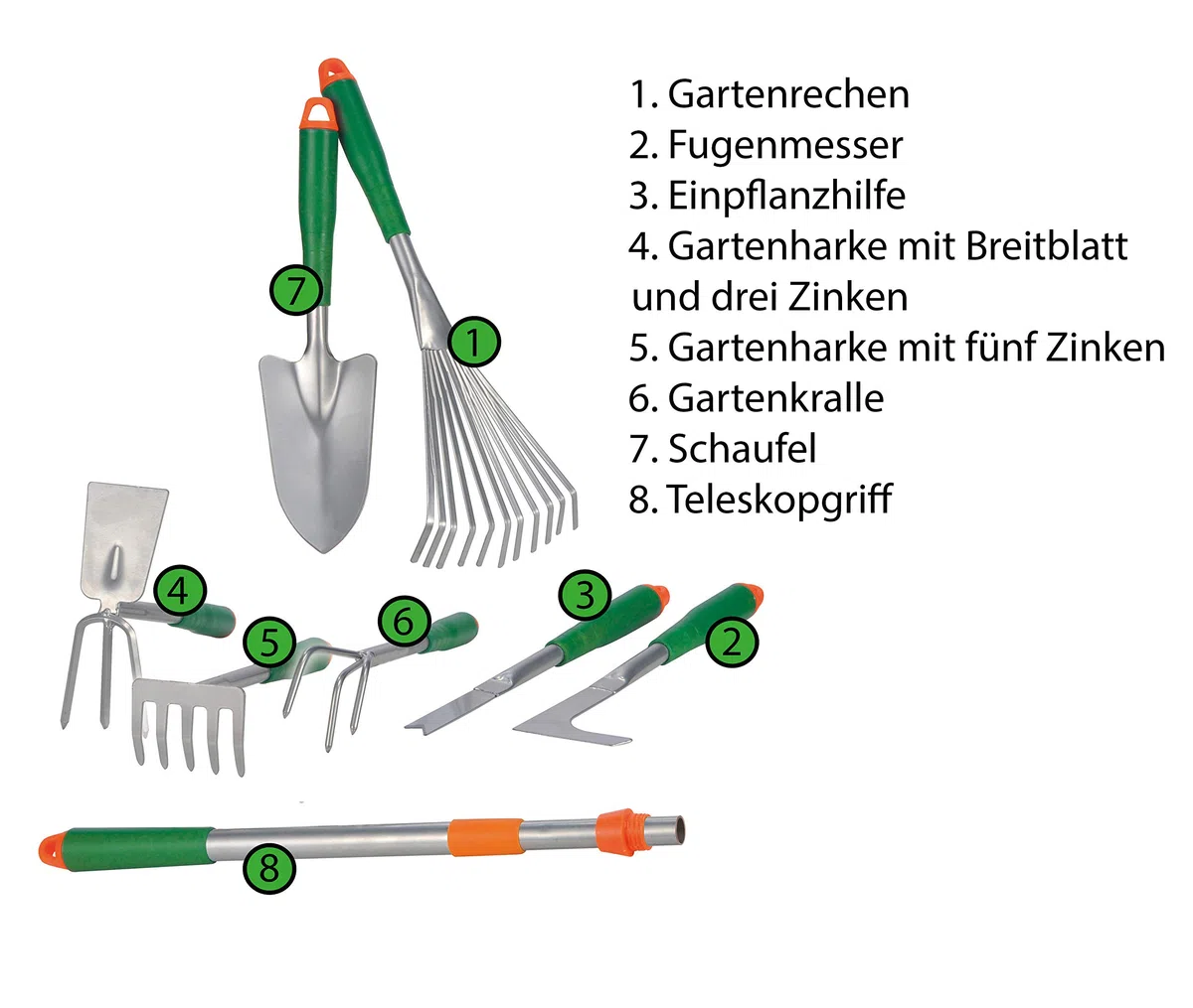 Bambelaa! Set di attrezzi da giardino, 8 pezzi, paletta per fiori, piccoli elettrodomestici, set da giardino, pala, rastrello, rastrello da giardino