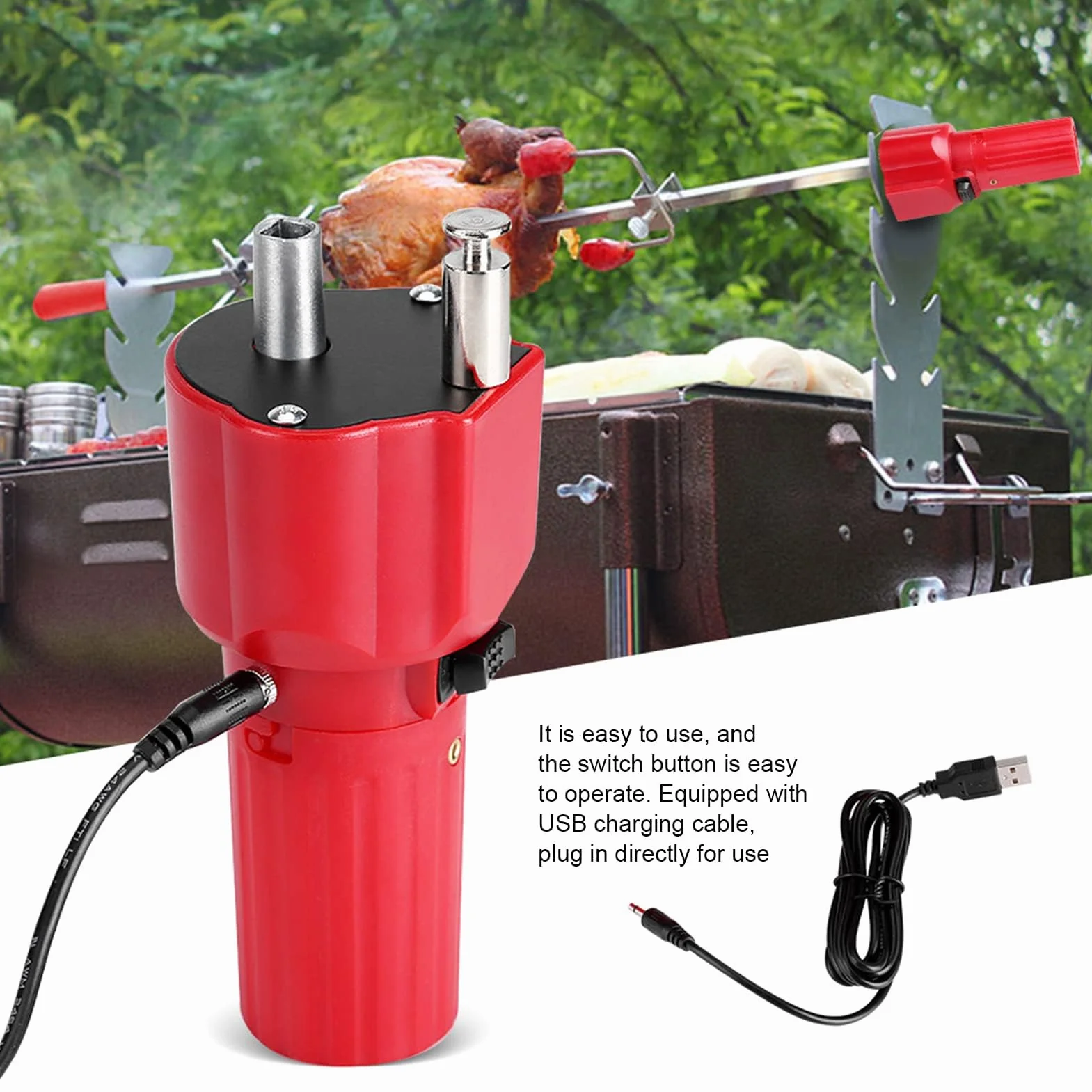 Motore Barbecue GLOGLOW, Rotatore Grill per Arrosto, Accessorio Resistente alla Ruggine con Cavo USB, Sostegno per Barbecue Elettrico – Compatibile con Grill a Carbone e Gas