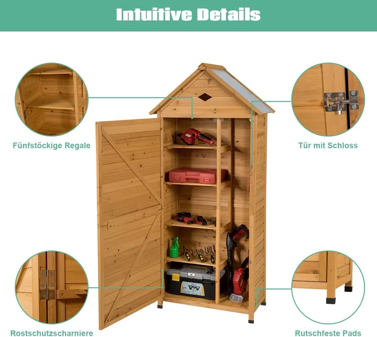 FANTASK Armadio da giardino in legno, 177 x 80 x 45 cm, per attrezzi da giardino, resistente alle intemperie, capanno da giardino, capanno in legno con tetto a due falde