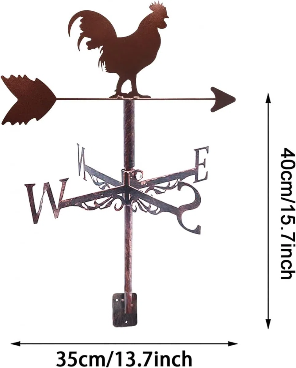 Segnavento in metallo sul tetto retrò a forma di gallo, indicatore di direzione del vento a banderuola per esterni, capannoni in ferro, cortile, tetto, fienili, decorazione