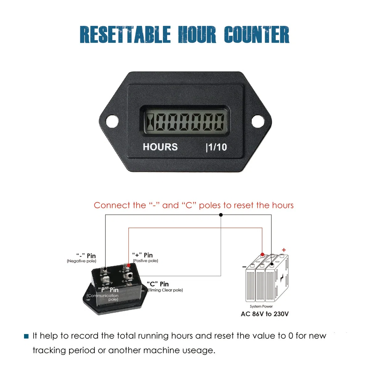 Runleader Contaore LCD digitale, AC da 86V a 230V, archiviazione dati funzionante, design impermeabile per compressore generatore del generatore del tosaerba a base di tosaerba a forma di foglia
