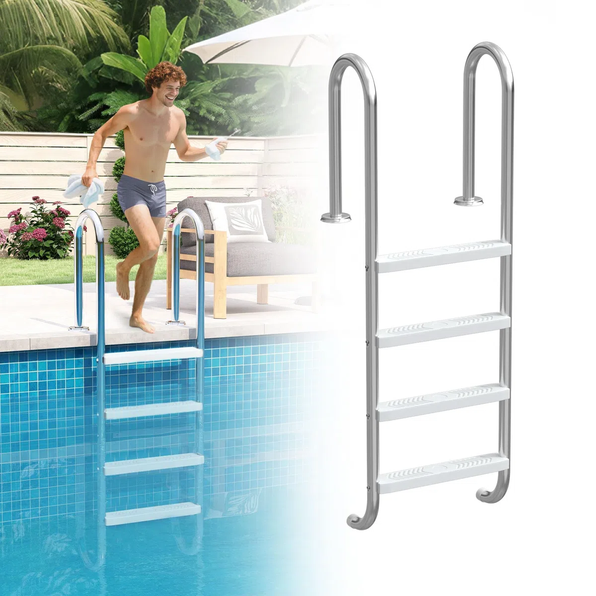 UISEBRT 304 - Scala per piscina in acciaio inossidabile con 4 gradini | 157 x 54 x 26,5 cm - Argento | Scala da piscina con antiscivolo | Scala per l'ingresso a piscina e vasca | Resistente fino a 150