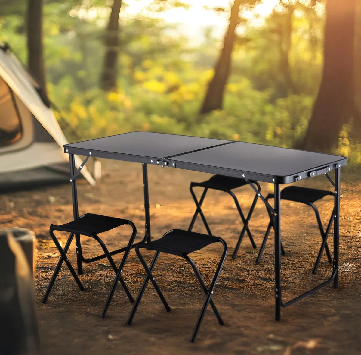 Tavolo da Campeggio con 4 Sedie, Altezza Regolabile, Tavolo Barbecue Pieghevole Portatile 120 x 60 cm, Tavolo Pieghevole in Alluminio con 4 Sgabelli Pieghevoli per Campeggio, Picnic, Barbecue Giardino