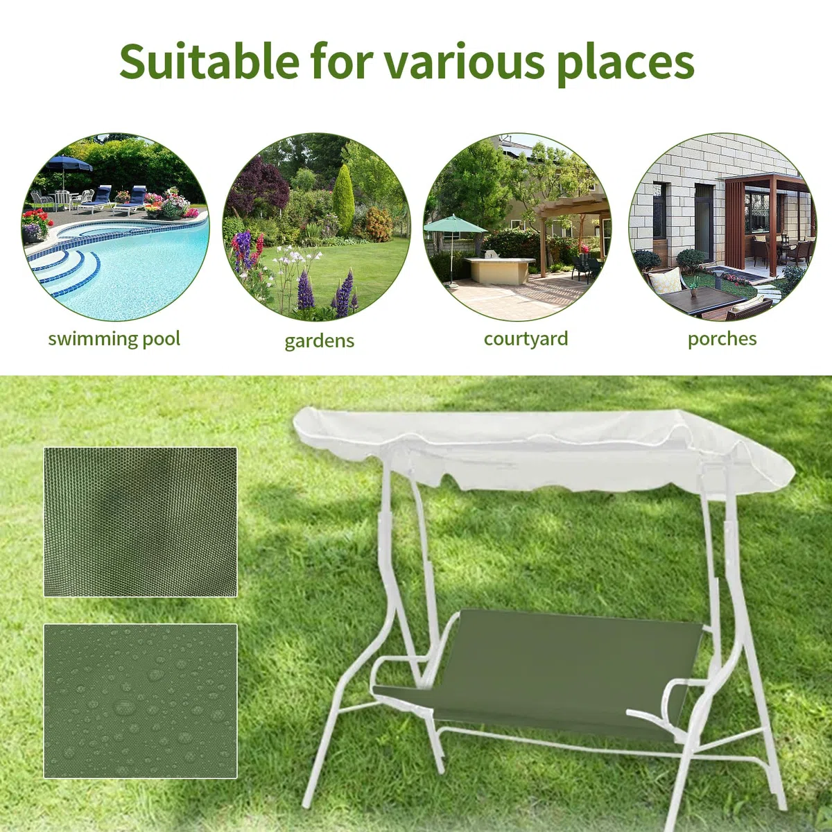 Coprisedile di ricambio per altalena da giardino, resistente tessuto Oxford 900D, impermeabile, universale, adatto per sedie a dondolo da esterno a 2-3 posti (verde, 138 x 50 x 50 cm)