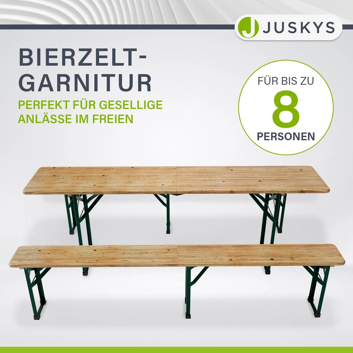 Juskys Set da giardino 3 pezzi, tavolo da birra pieghevole 220 cm e panche in legno di abete, finitura naturale, per tende da festa e uso esterno