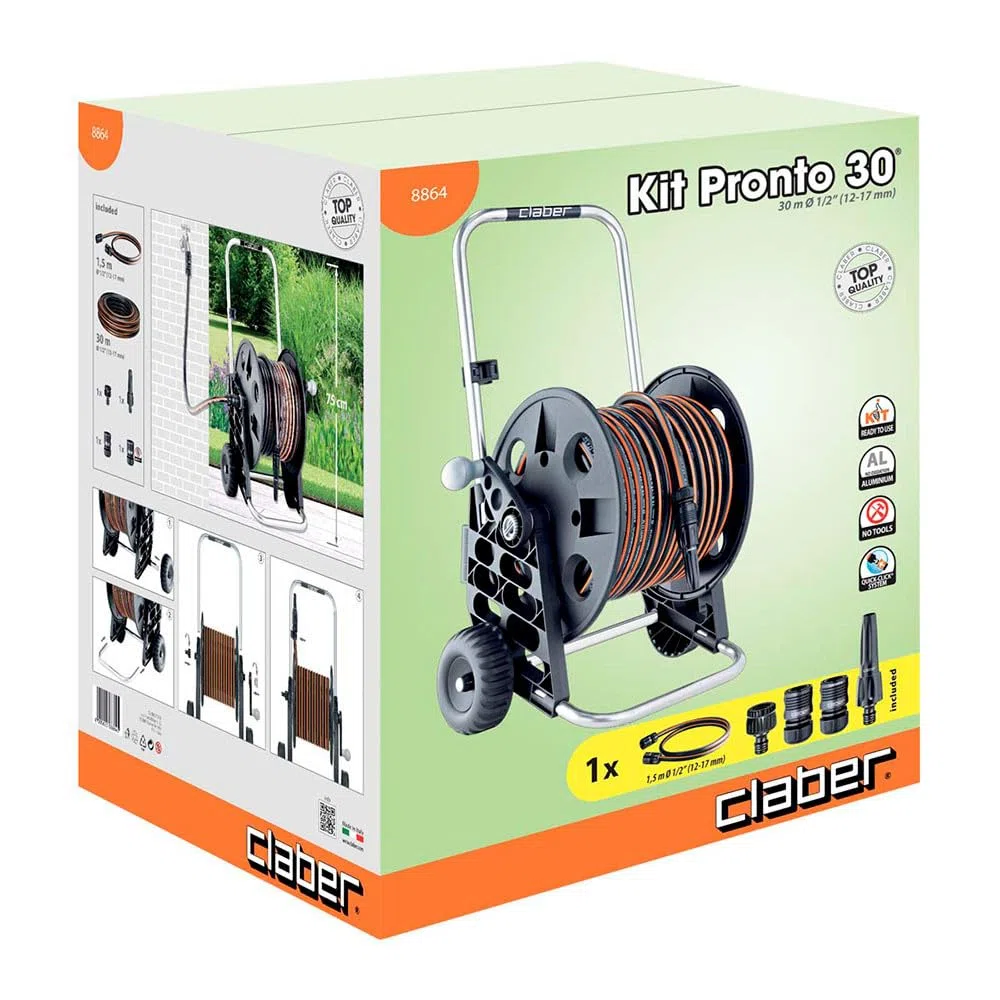 Claber Kit Pronto 30, carrello avvolgitubo manuale da giardino in plastica e alluminio con tubo e lancia