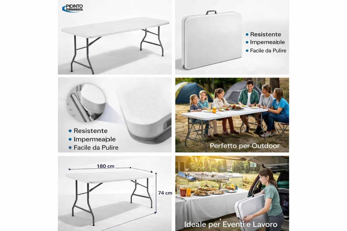 PINTO FERRAMENTA Tavolo Pieghevole Tavolo Richiudibile a Valigetta Salvaspazio, per Campeggio, Eventi e Giardino Cucina 180x74x74 cm in HDPE Bianco