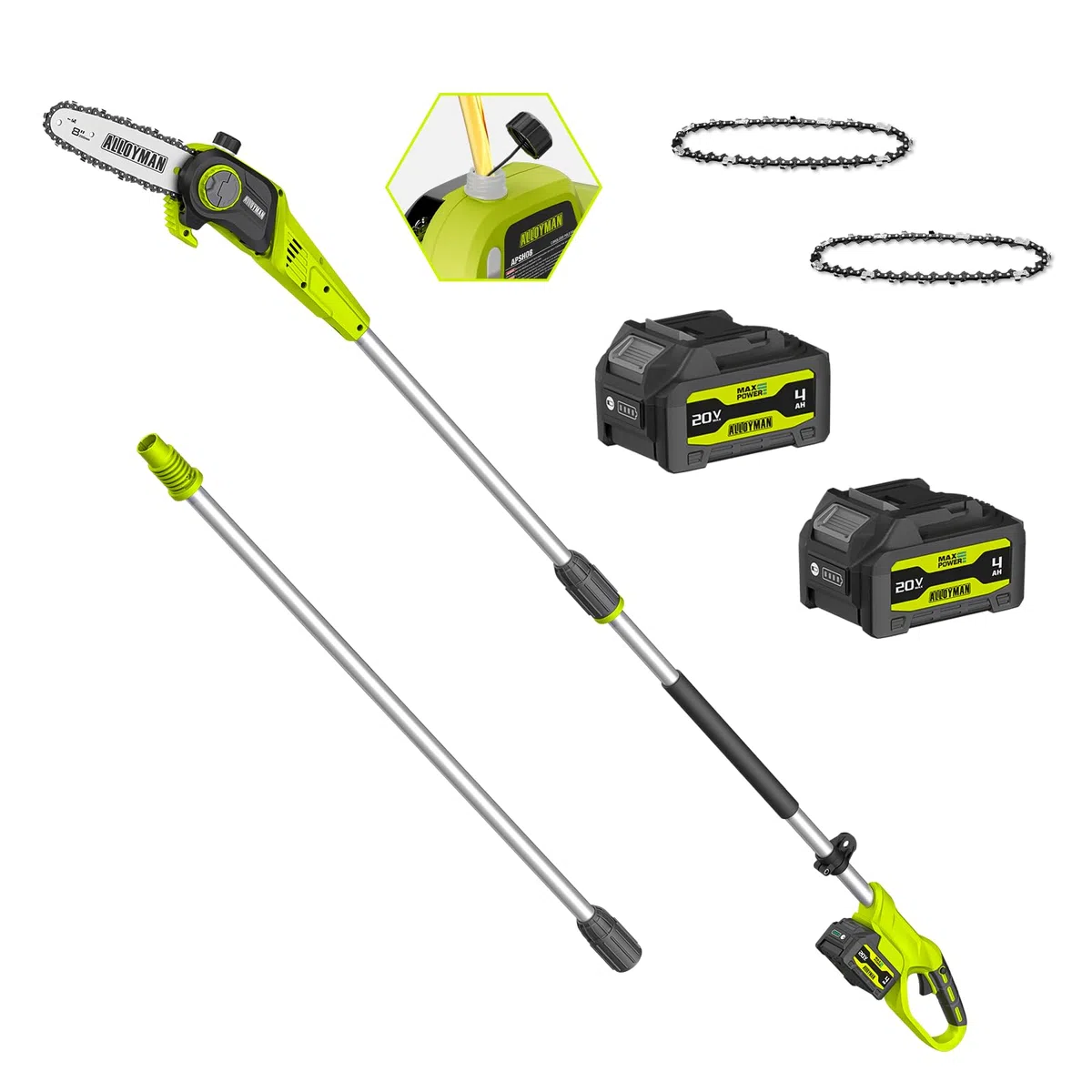 Alloyman Potatore Telescopico a Batteria 20V MAX, sega potatrice elettrica, Sega ad Asta a Batteria, 2 x 4,0 Ah e caricabatterie, Lama da 20 cm, 4KG, Velocità 5,5 m/s, Lubrificazione Automatica