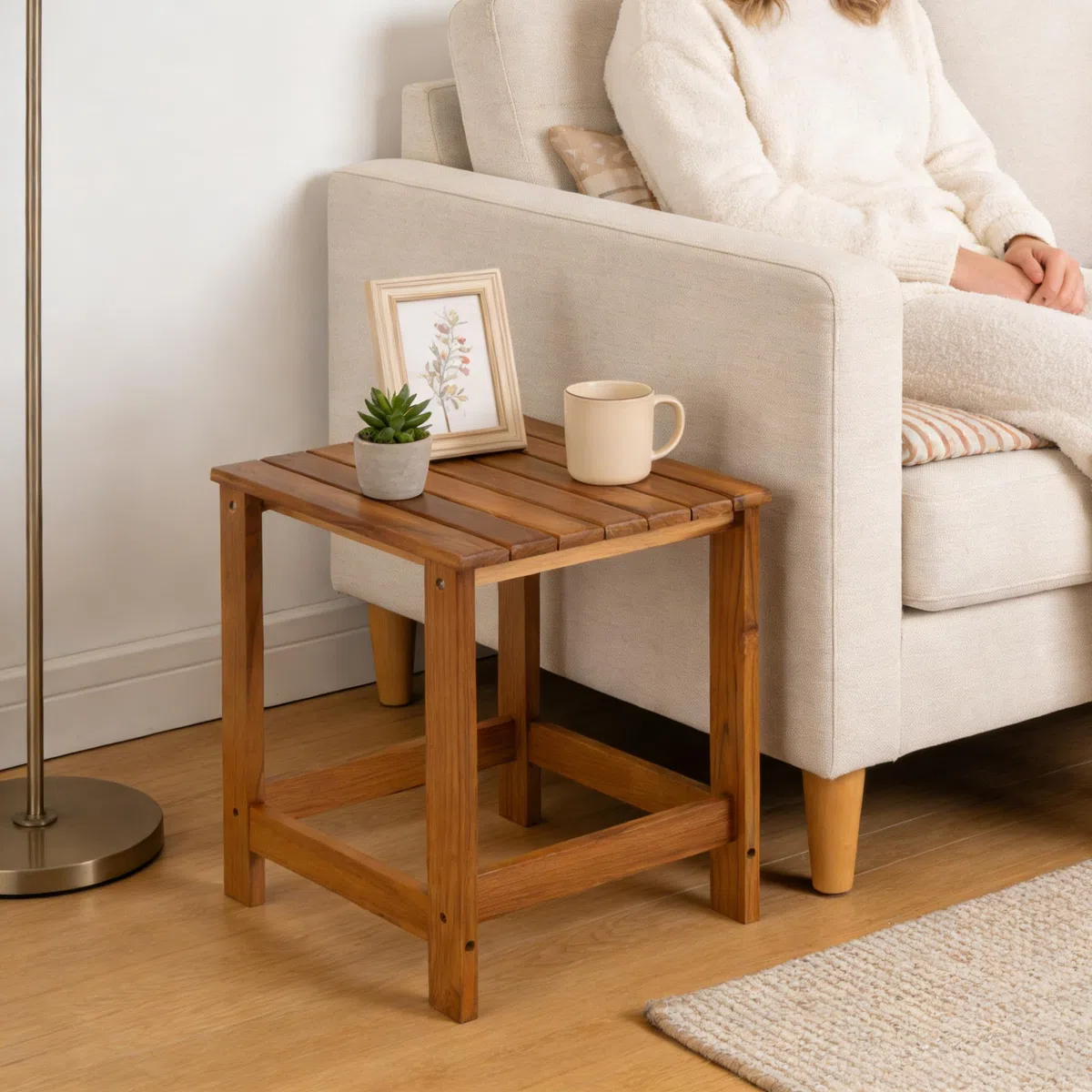 Utoplike Tavolino da esterno in teak, tavolino da caffè in legno, tavolini per giardino, cortile, camera da letto, soggiorno, divano laterale, contenitore per bagno