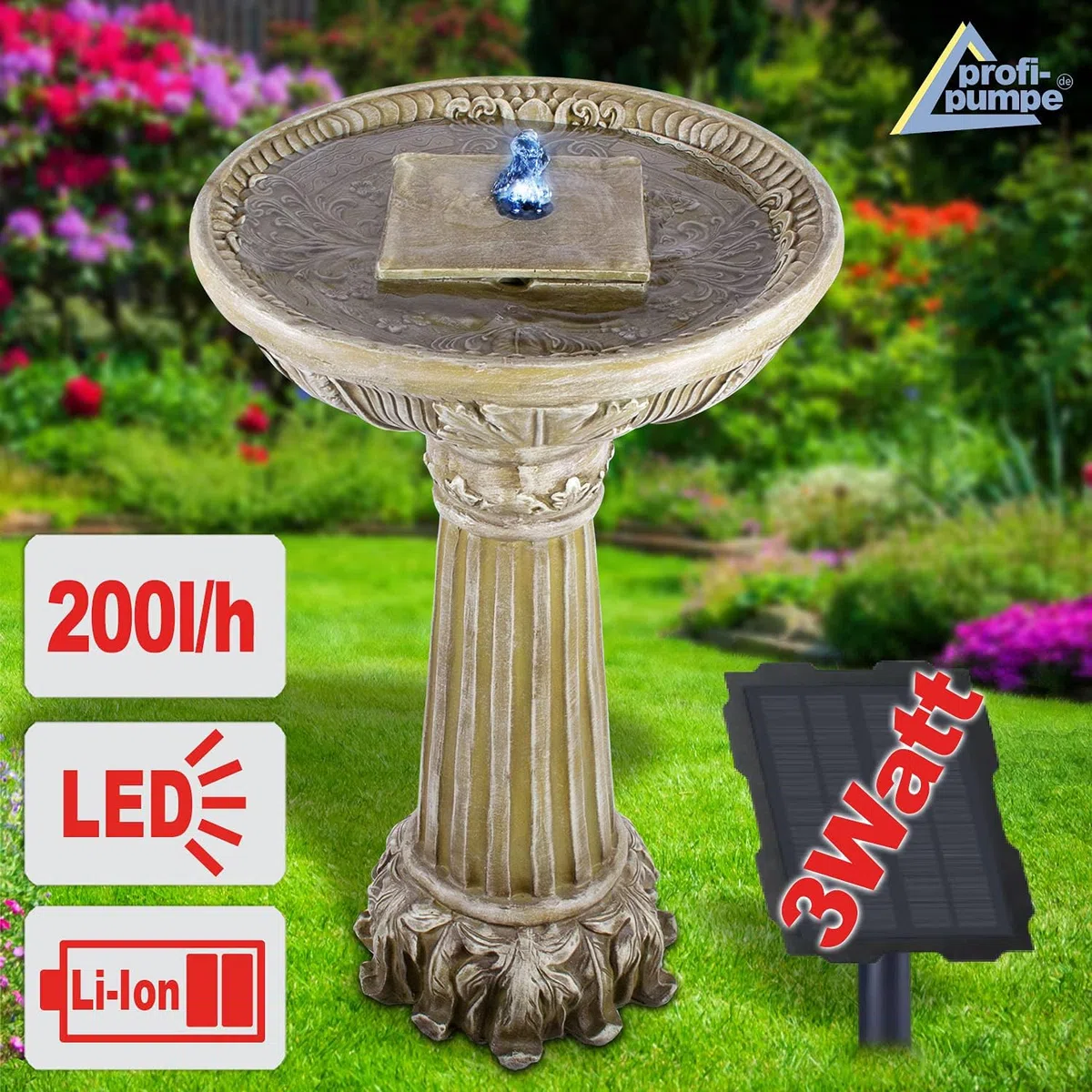 Fontana da giardino a energia solare, fontana ornamentale, fontana con luce LED e batteria agli ioni di litio
