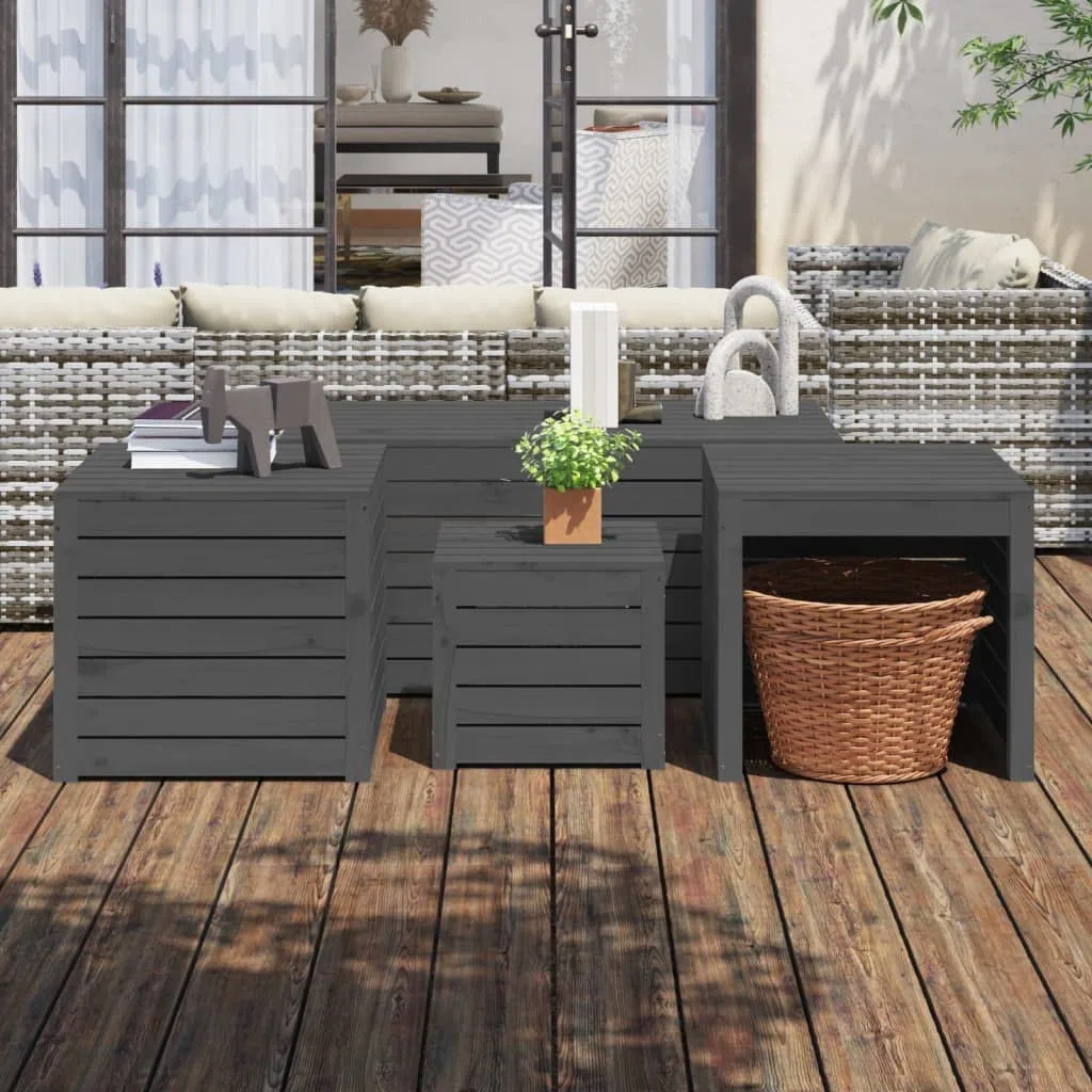 Set di 4 scatole da giardino in legno di pino massiccio grigio, contenitore esterno con coperchio per giocattoli e attrezzi, grande capacità di stoccaggio per cuscini