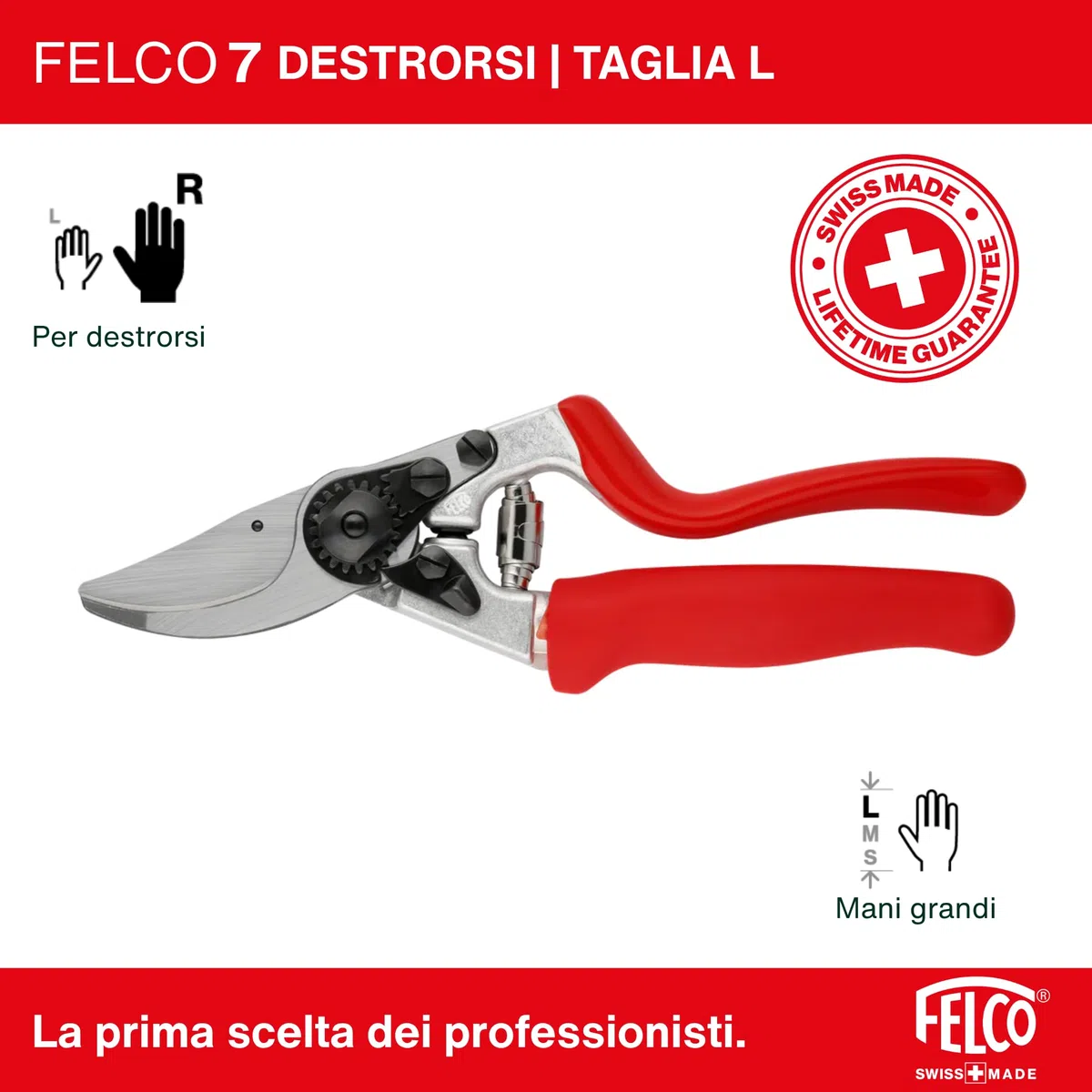 FELCO 7 forbice bypass per destrimani con manico rotante, lama in acciaio temprato 45 mm, manici in alluminio forgiato, ergonomia per mano grande, taglio potente 25 mm