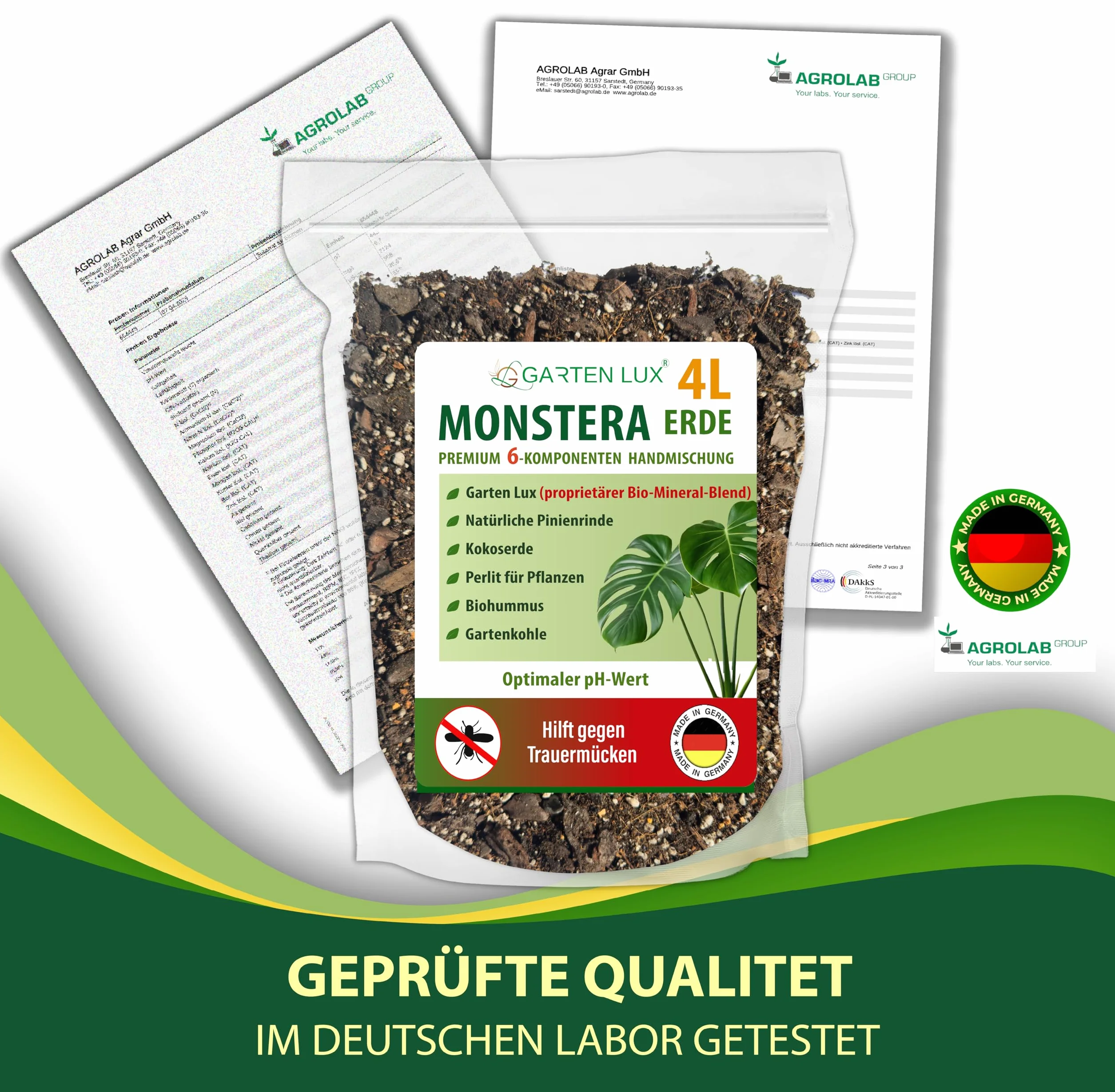 Garten Lux Monstera Terra 4L senza torba - 6-in-1 contro le zanzare lutto | substrato aroideo | terriccio di cocco, perlite, corteccia di pino, biohumus, carbone da giardino + complesso segreto |