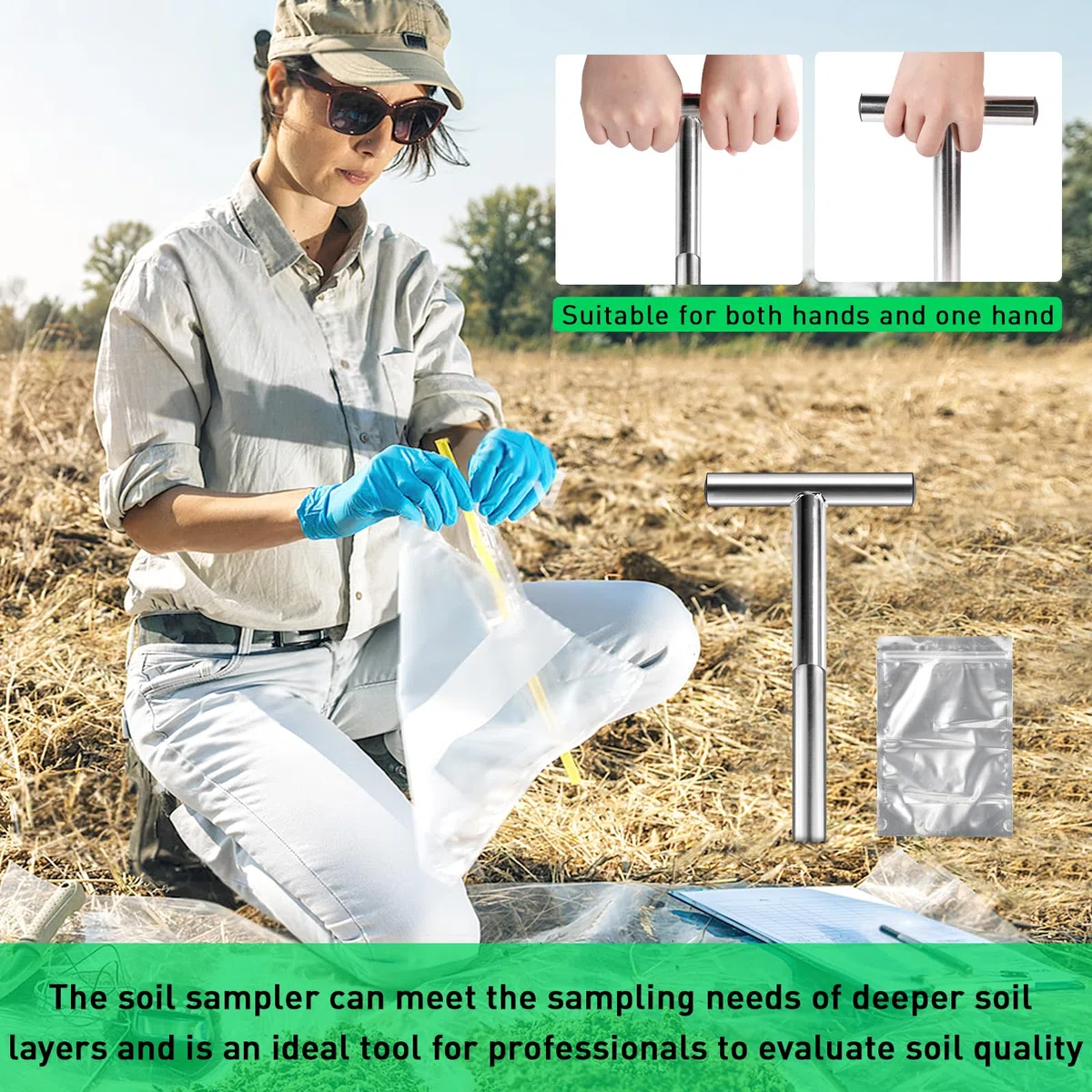 Sonda per terreno 30 cm in acciaio inox 2.5 mm - Prelievo a T con 2 sacchetti riutilizzabili per giardino, fattoria, prato