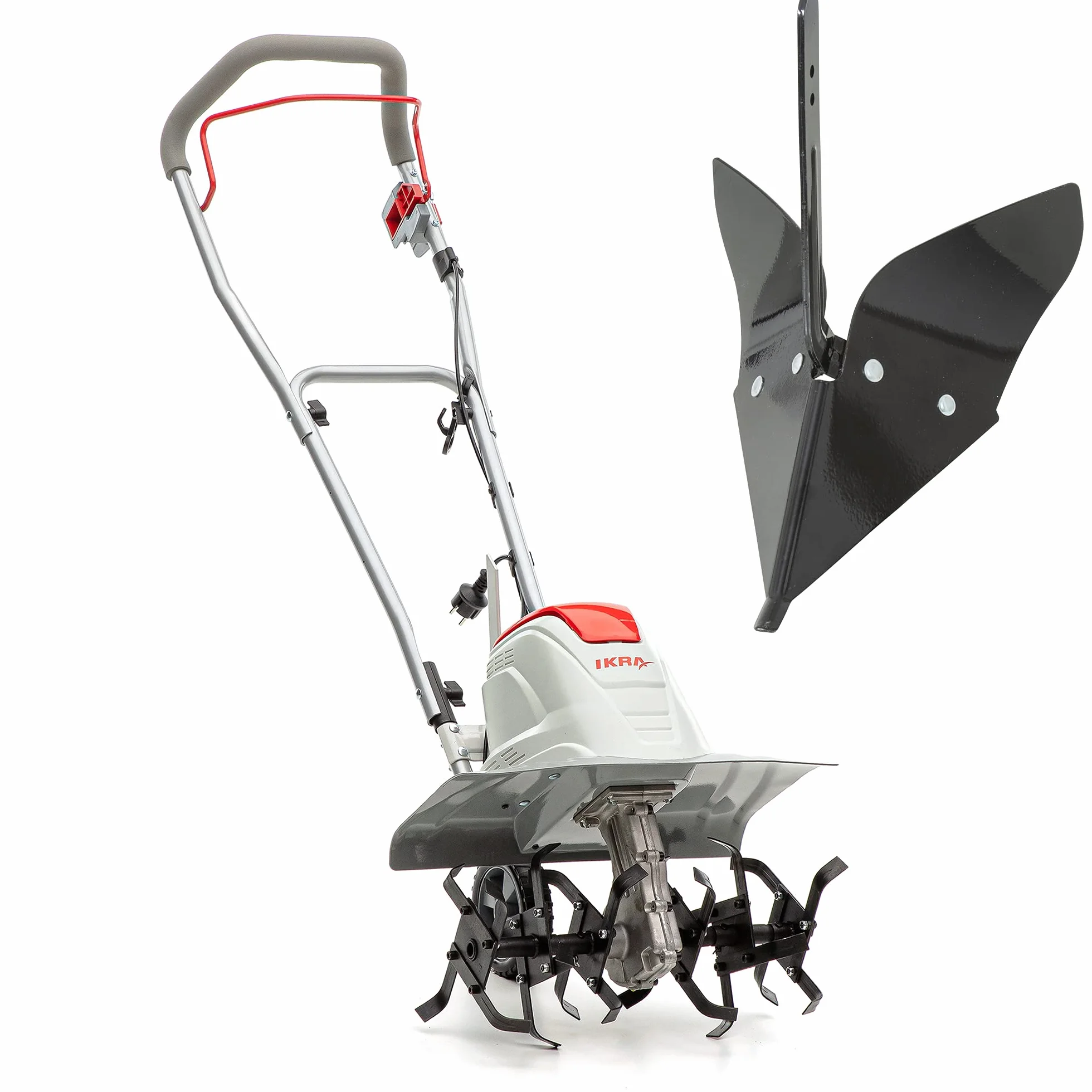 IKRA motozappa FEM 1500, larghezze 17, 30 e 45 cm, aratro per rincalzatura | Zappatrice elettrica, 1500 W, profondità 23 cm, sperone frenante, ruota di trasporto, pieghevole, protezione da sovraccarico