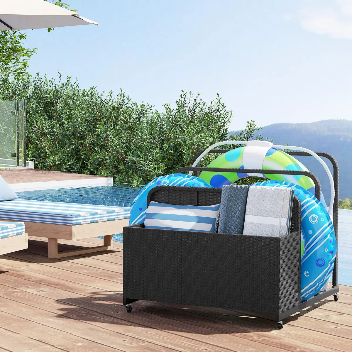 COSTWAY Carrello Archiviazione per Piscina in Rattan PE, Contenitore Esterno Impermeabile con 2 Portasciugamani e 4 Ruote, Portacoperte Giardino per Boe, Salvagenti, Cuscini e Asciugamani (Nero)