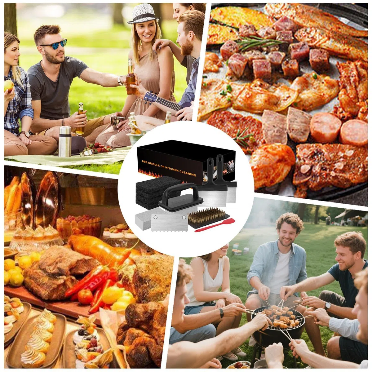 Kit Per Pulizia Piastra Barbecue, Attrezzi per Pulizia Piastre con Rimozione Ruggine, Utensili da Cucina Portatili Resistenti, Set Ergonomico per Picnic, Spiaggia e Giardino